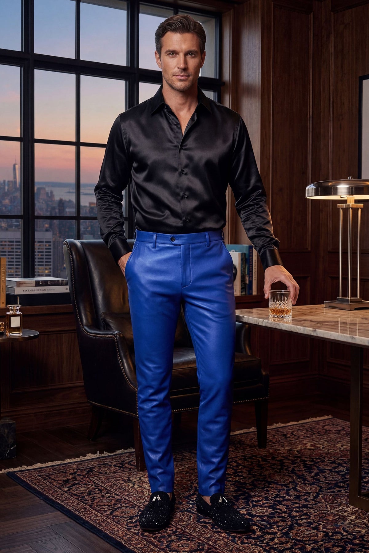 Barabas Men's Glossy Pattern Design Sparkly Luxury Dress Pants CP95 Royal Blue