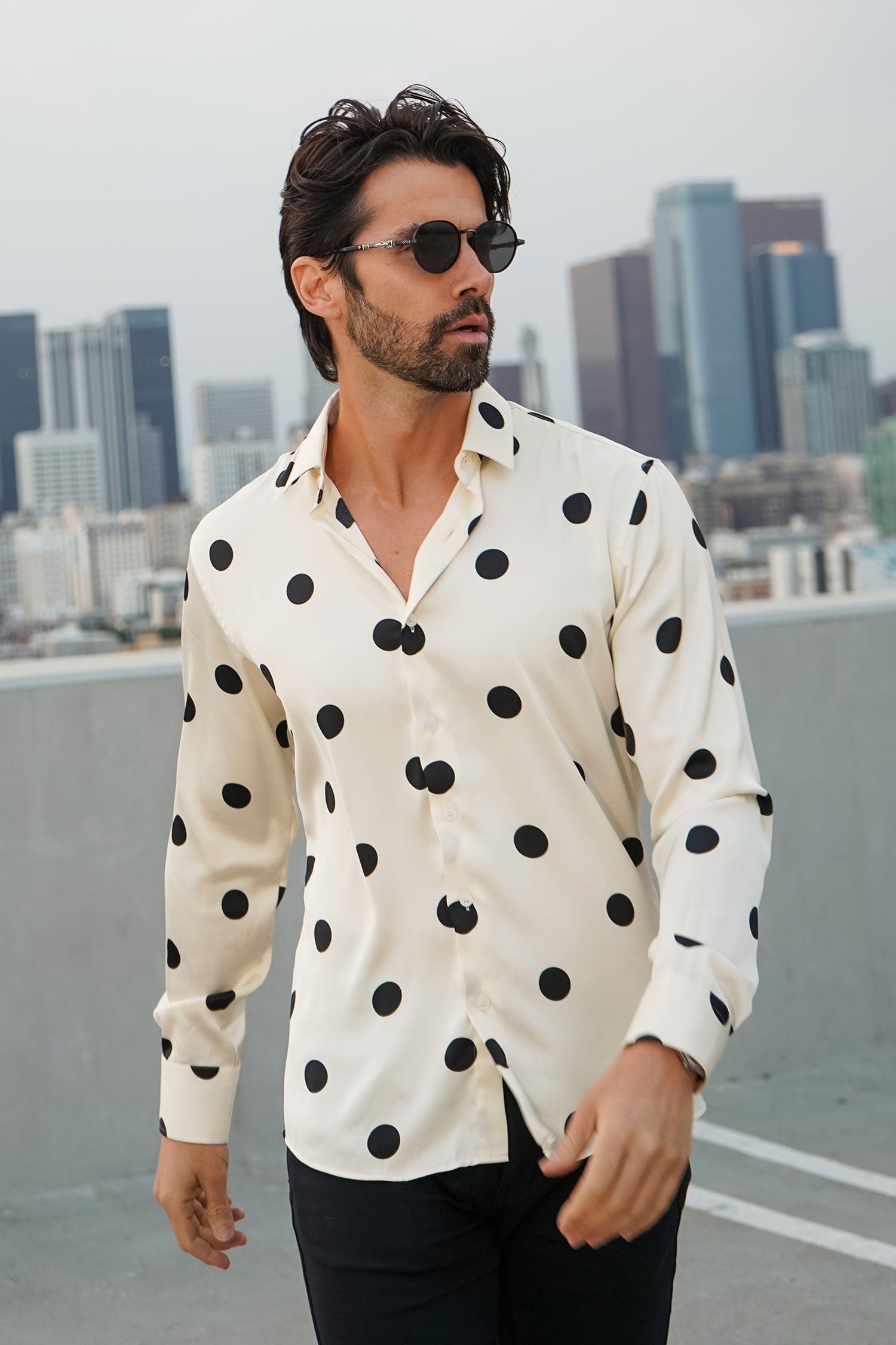 Barabas Men's Polka Dots Silk Feel Shiny Long Sleeve Shirt 4B98 White