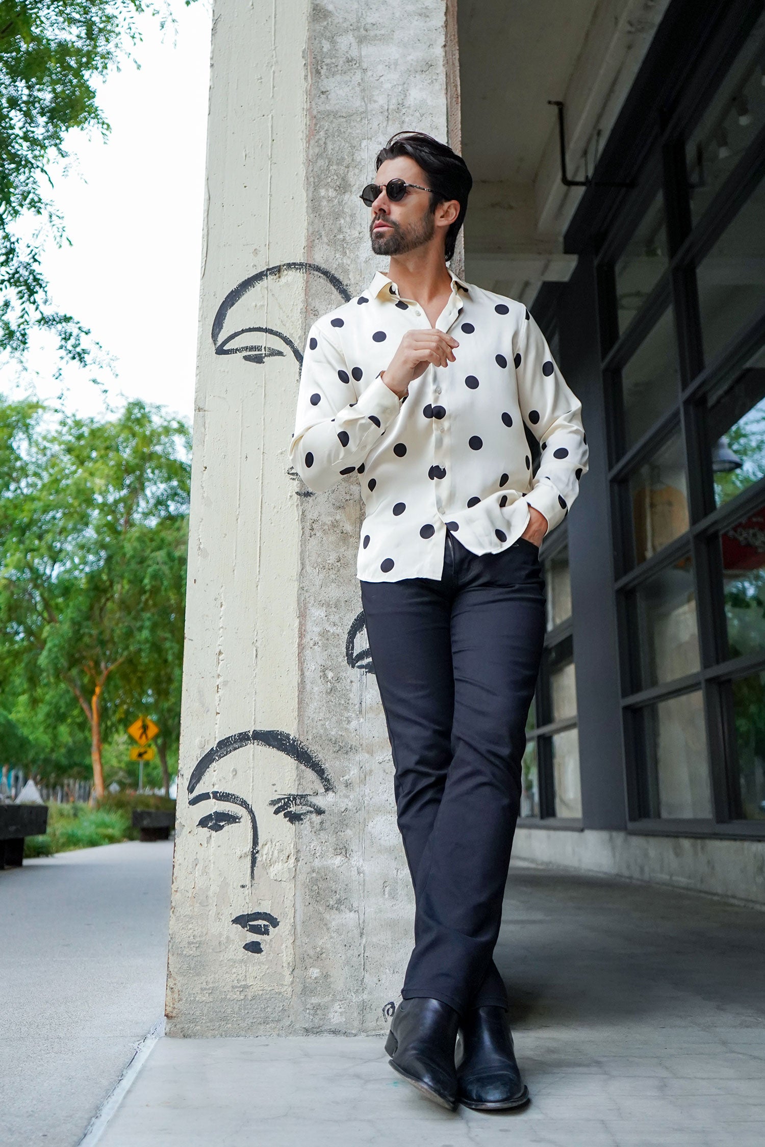 Barabas Men's Polka Dots Silk Feel Shiny Long Sleeve Shirt 4B98 White