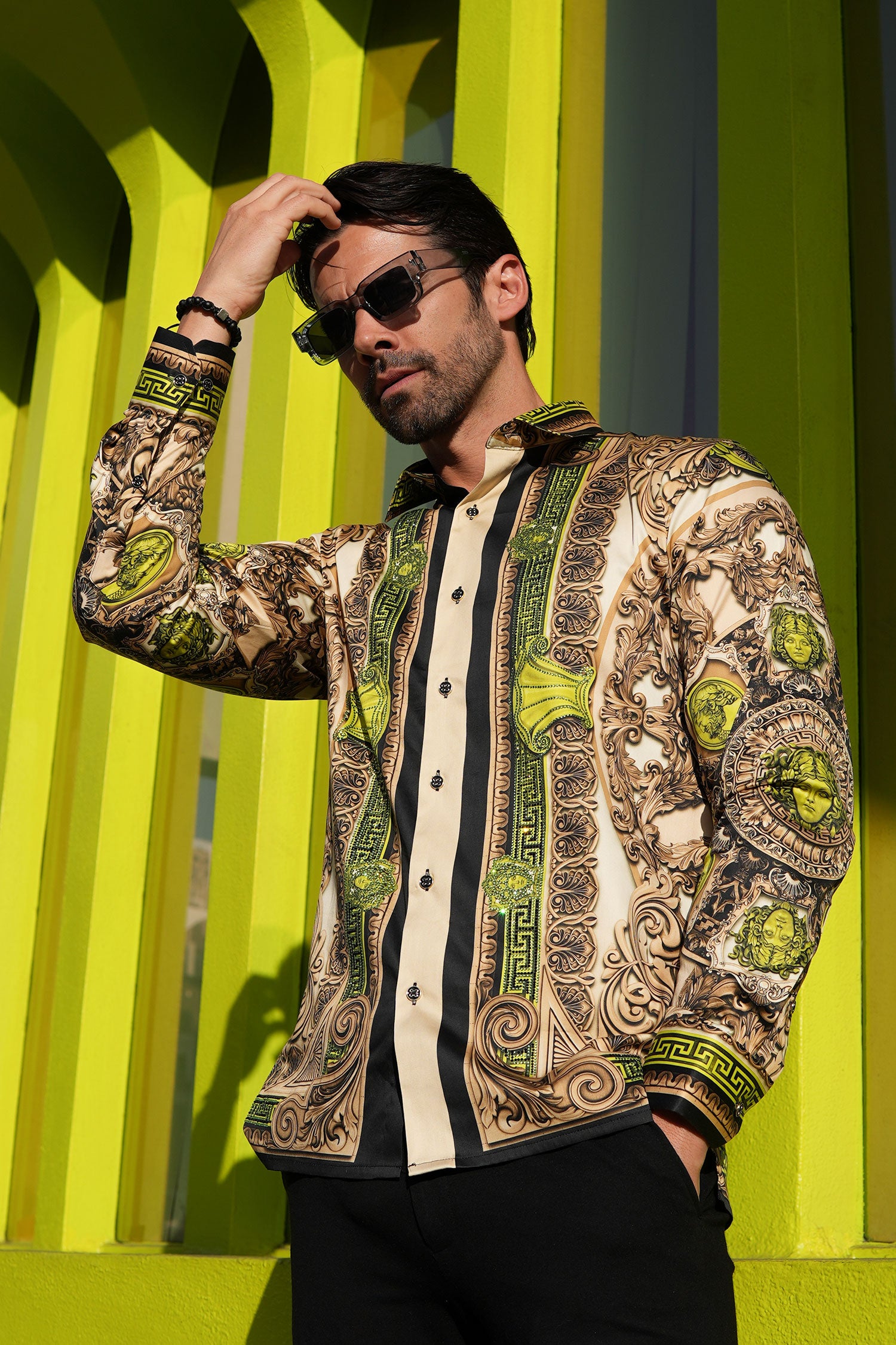 BARABAS Men's Rhinestone Medusa Floral Long Sleeve Shirts 3SPR416 Khaki