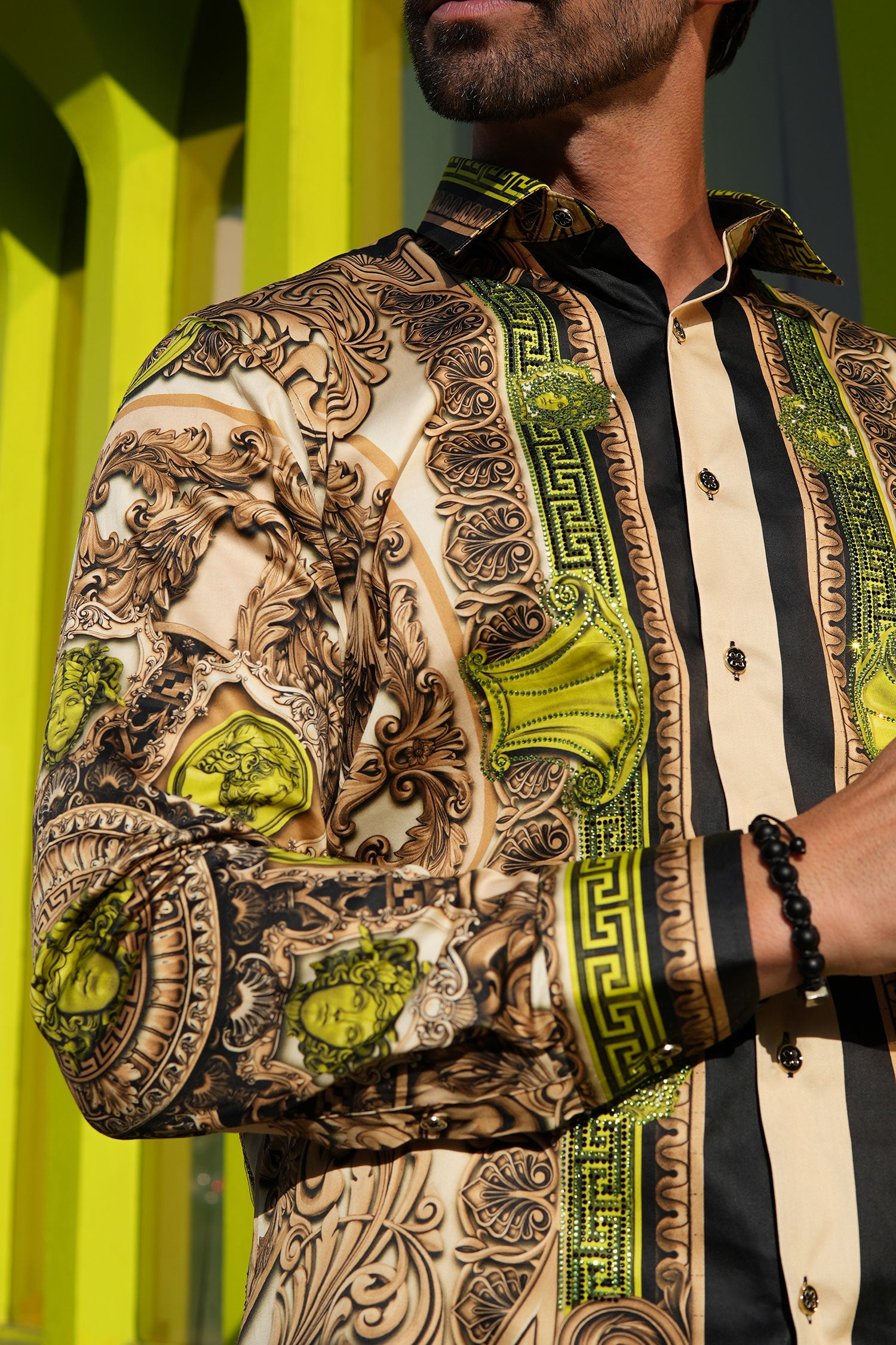 BARABAS Men's Rhinestone Medusa Floral Long Sleeve Shirts 3SPR416 Khaki