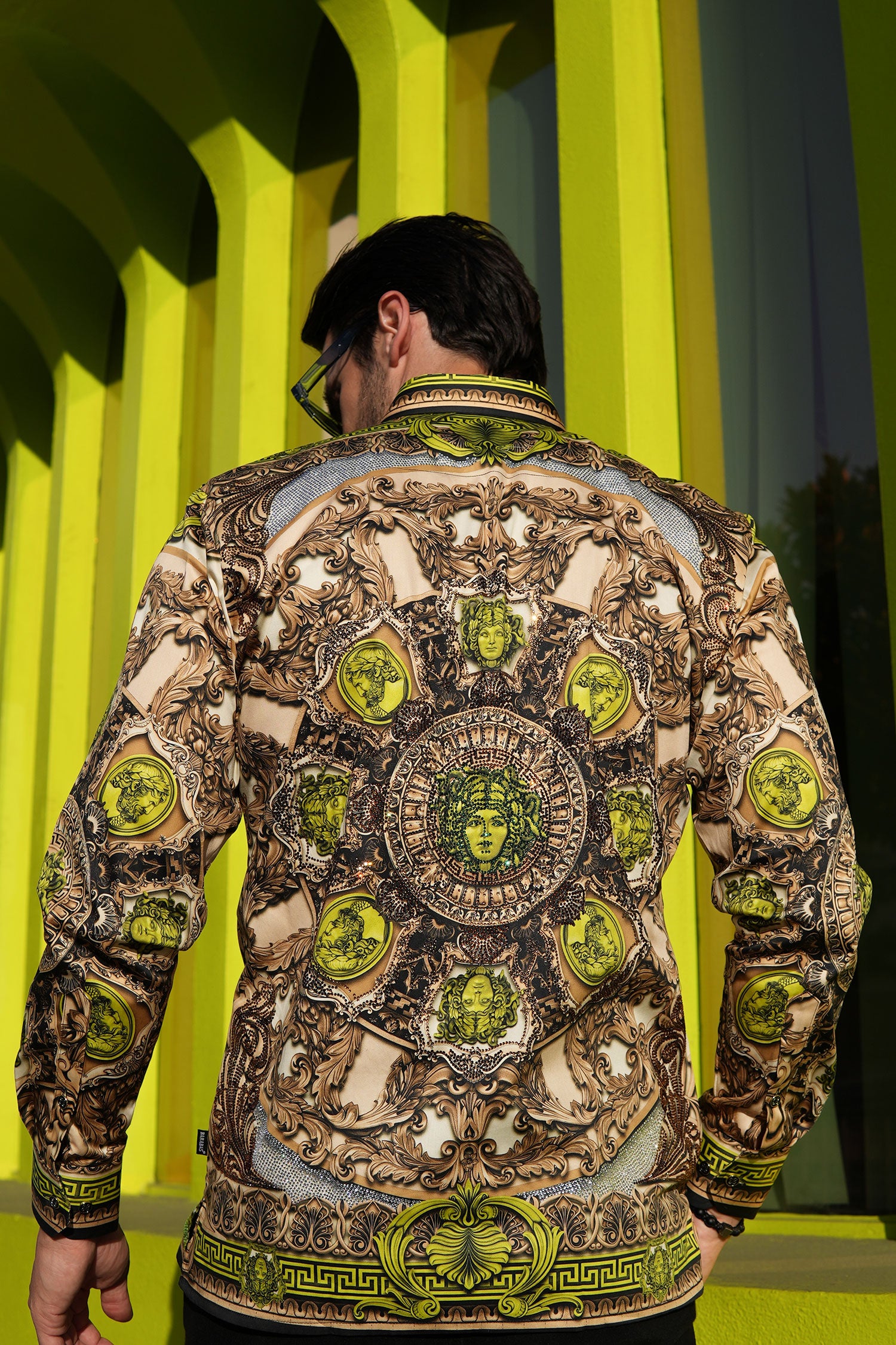 BARABAS Men's Rhinestone Medusa Floral Long Sleeve Shirts 3SPR416 Khaki