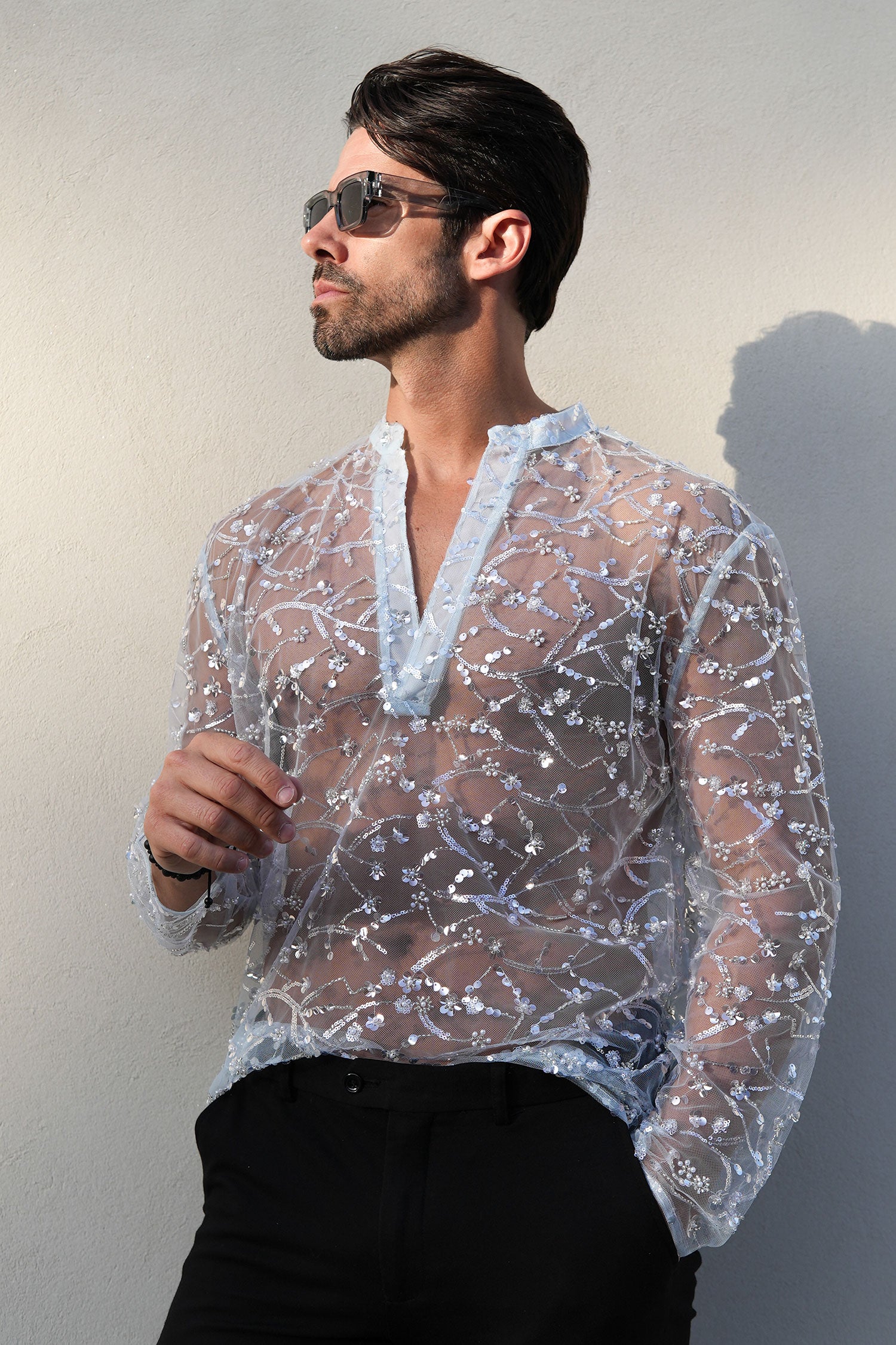 Barabas Men's Sheer See Through Sequins Long Sleeve Shirts 5PST02 Light Blue