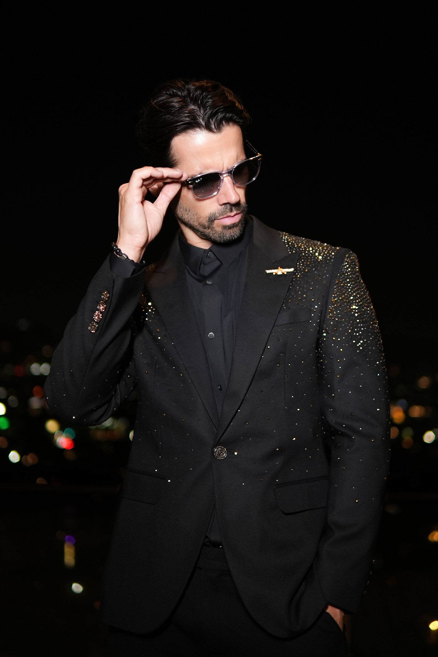 Barabas Men's Rhinestone Solid Color Notch Lapel Blazer 2BLR6 Black Gold