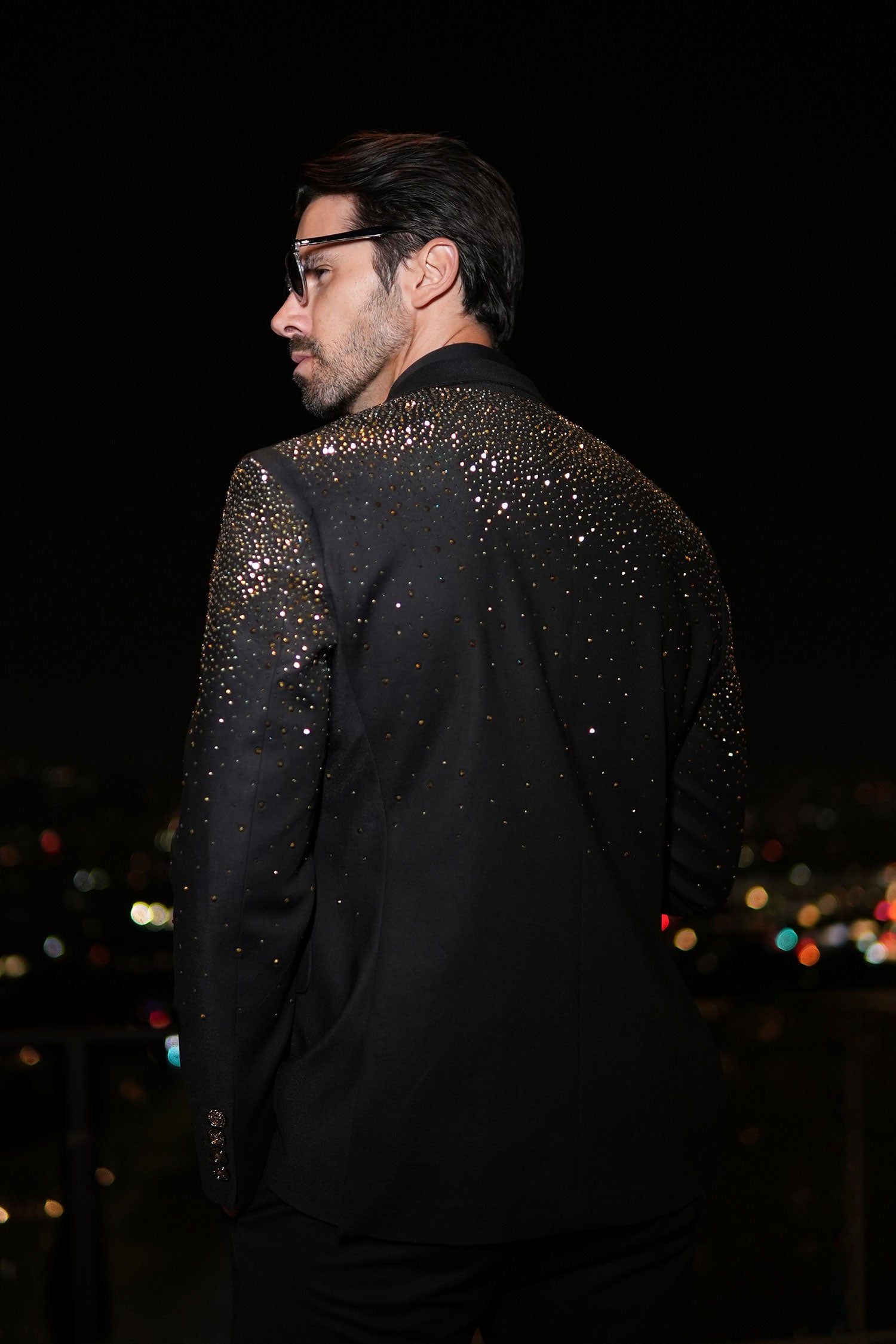 Barabas Men's Rhinestone Solid Color Notch Lapel Blazer 2BLR6 Black Gold