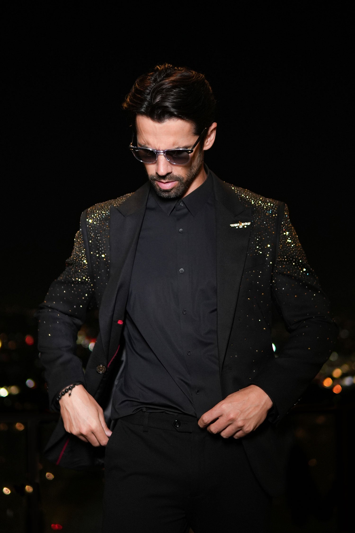 Barabas Men's Rhinestone Solid Color Notch Lapel Blazer 2BLR6 Black Gold