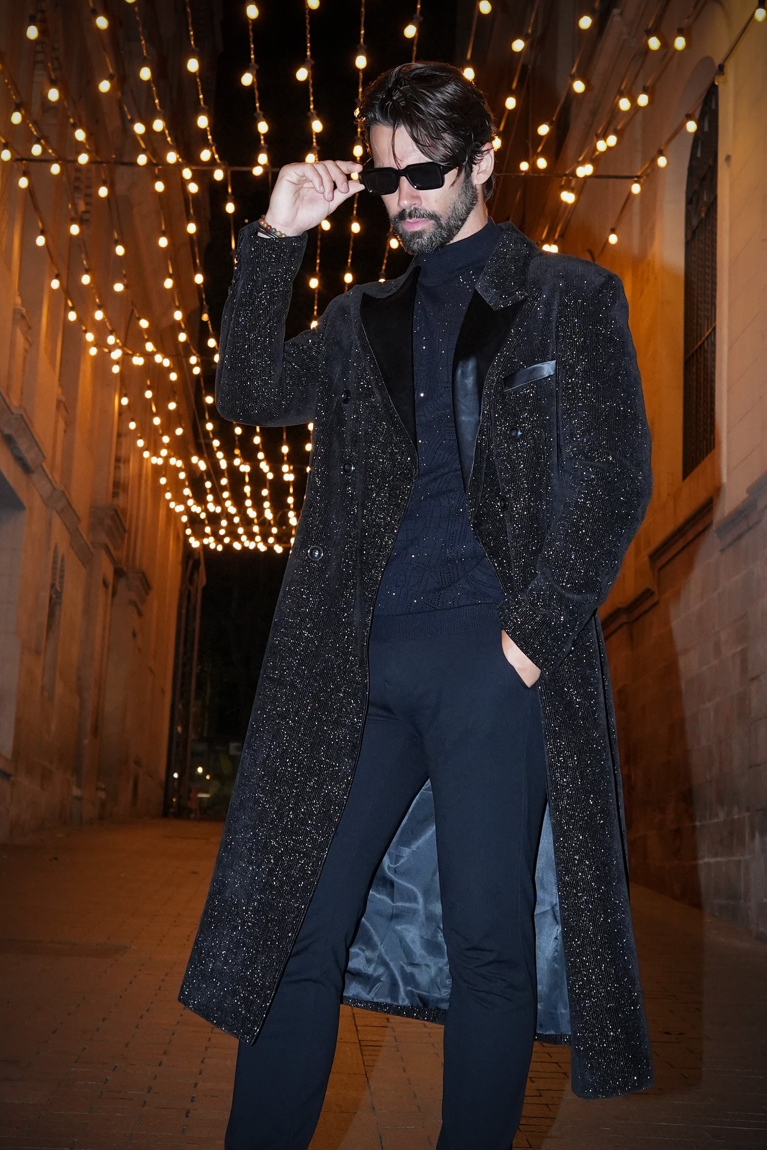 Barabas Men's Glitter Wool Peak Lapel Luxury Long Blazer 4BHL02 Black