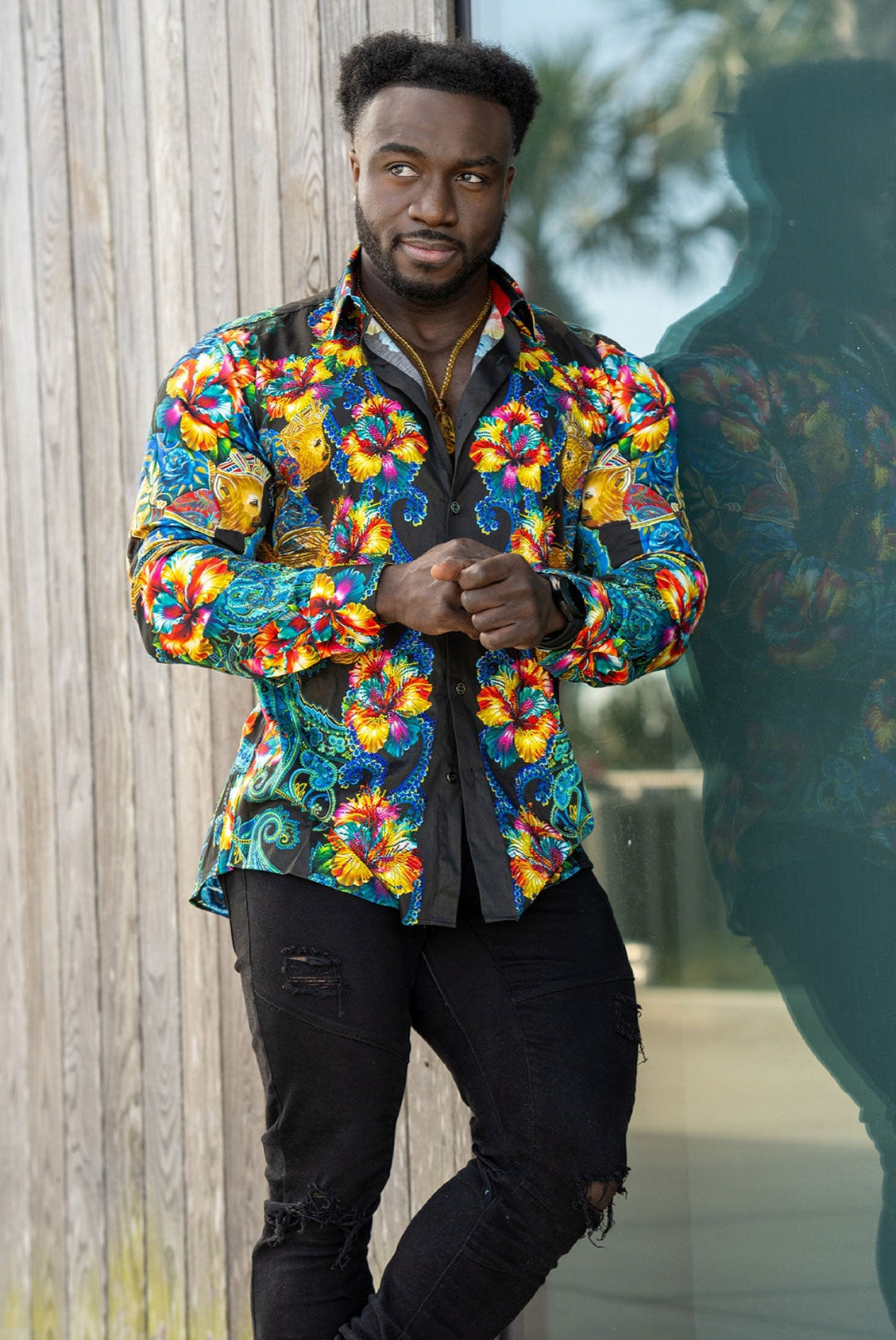 Barabas Men's Rhinestone Floral Paisley Long Sleeve Shirts 4SPR07 Multi
