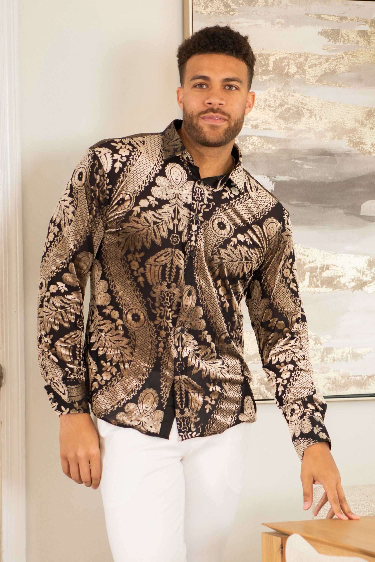 BARABAS Men's Floral Paisley See Through Long Sleeve Shirt 2SVL02 Gold