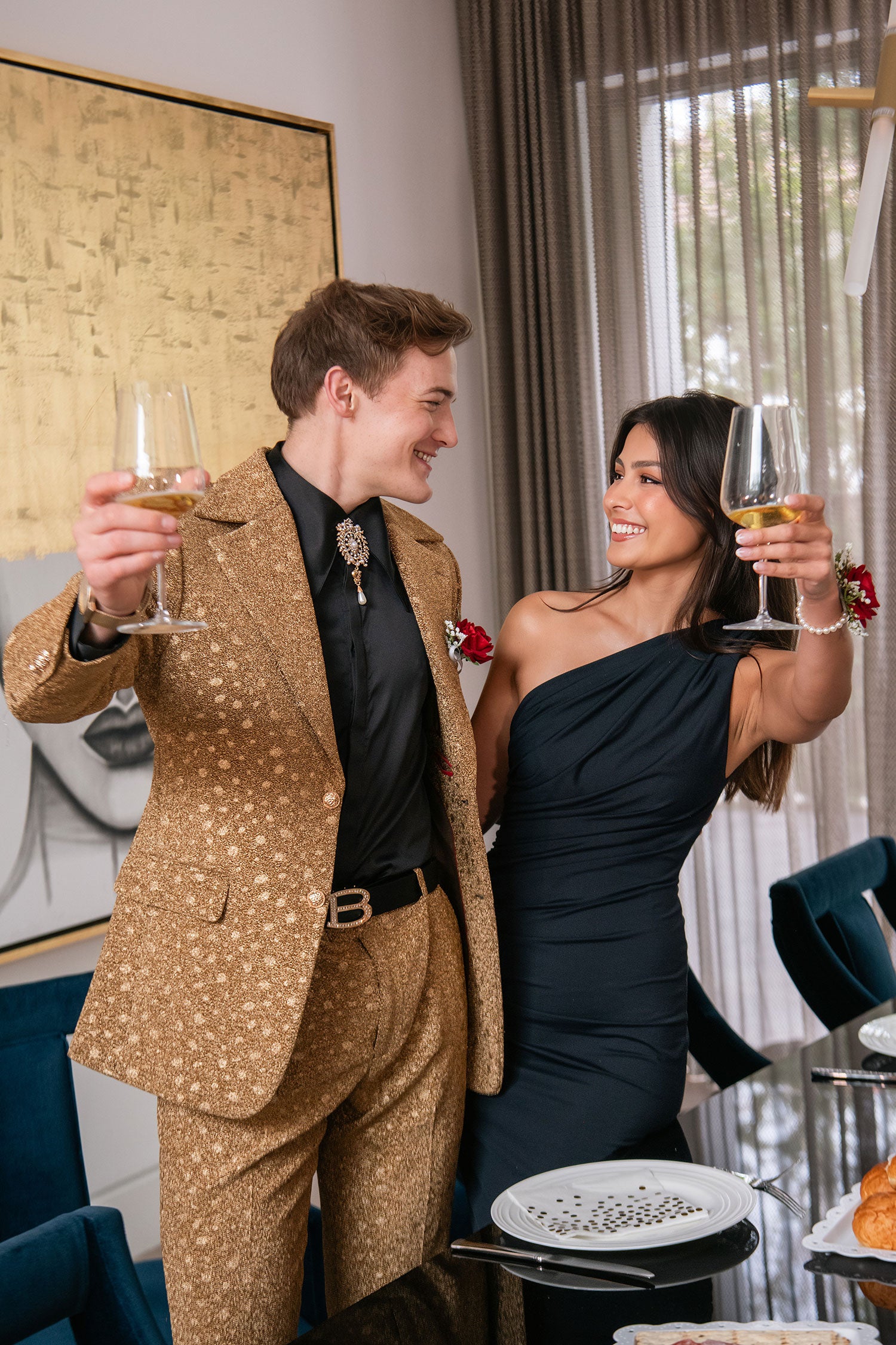 Barabas Men's Geometric Polka Dots Pattern Notch Lapel Suit 5SU34 Gold