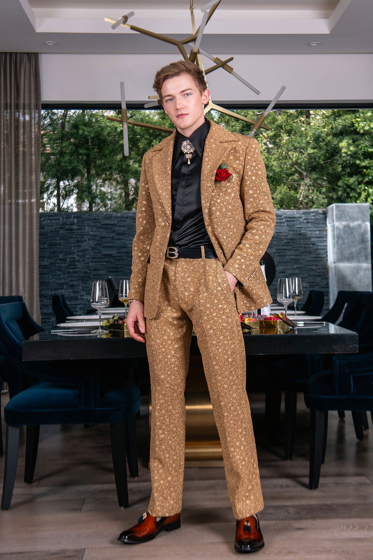 Barabas Men's Geometric Polka Dots Pattern Notch Lapel Suit 5SU34 Gold