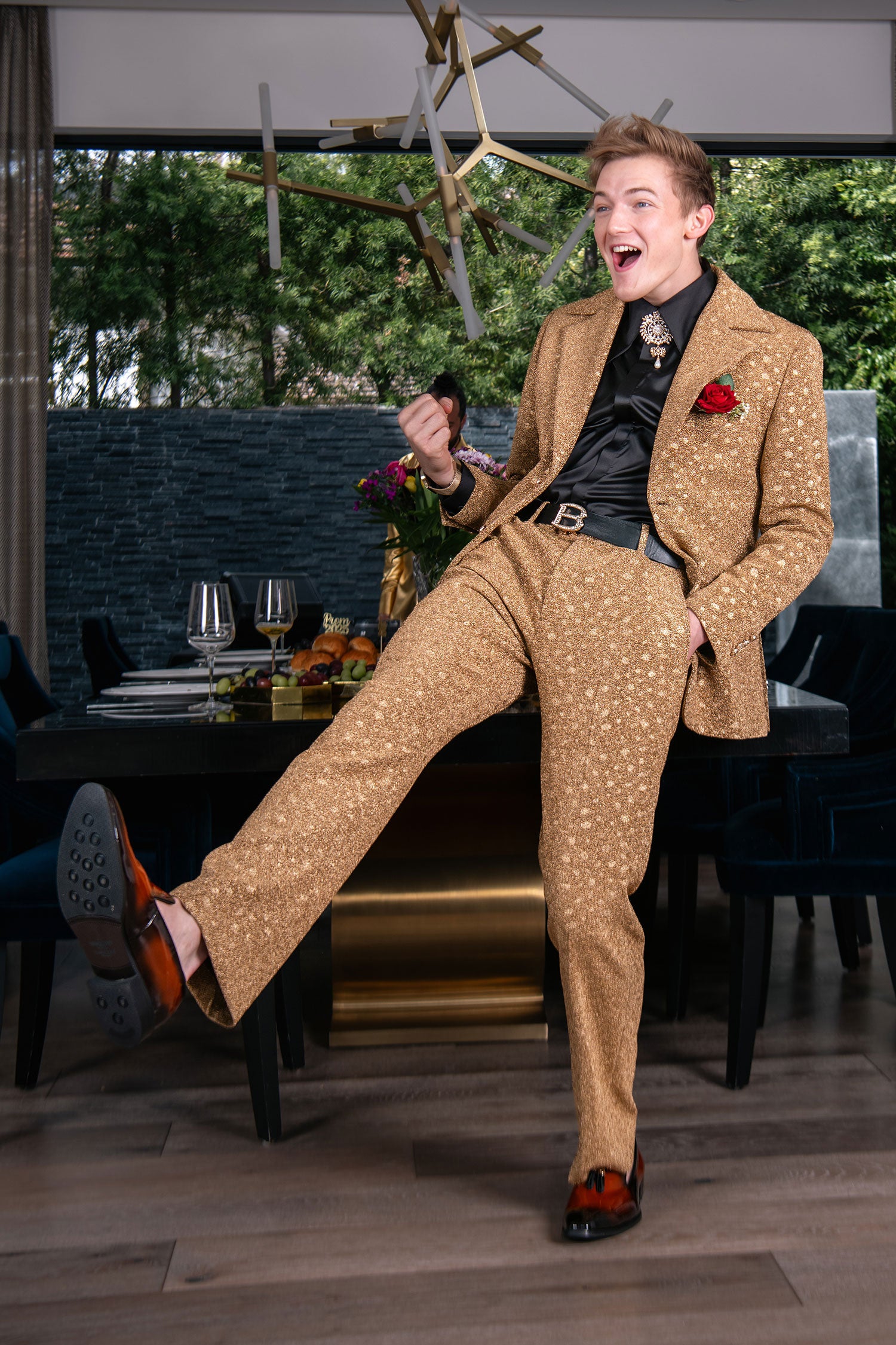 Barabas Men's Geometric Polka Dots Pattern Notch Lapel Suit 5SU34 Gold