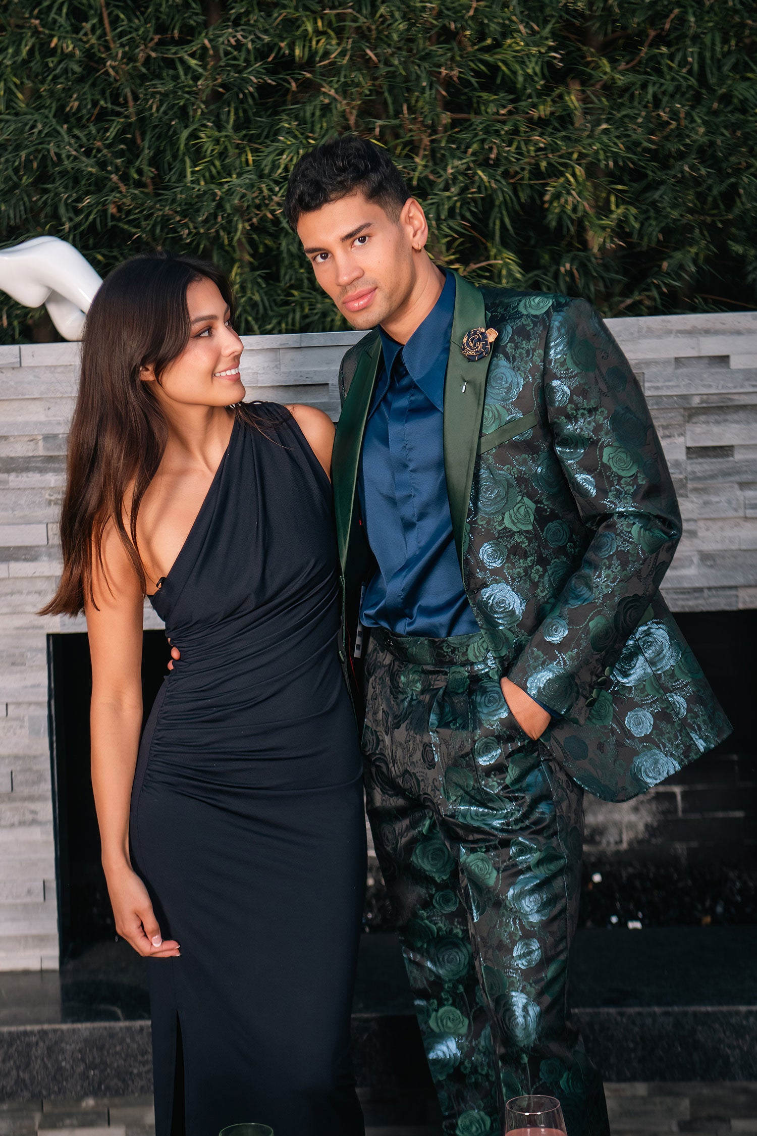 Barabas Men's Floral Shiny Design Luxury Peak Lapel Blazer 5BL02 Green