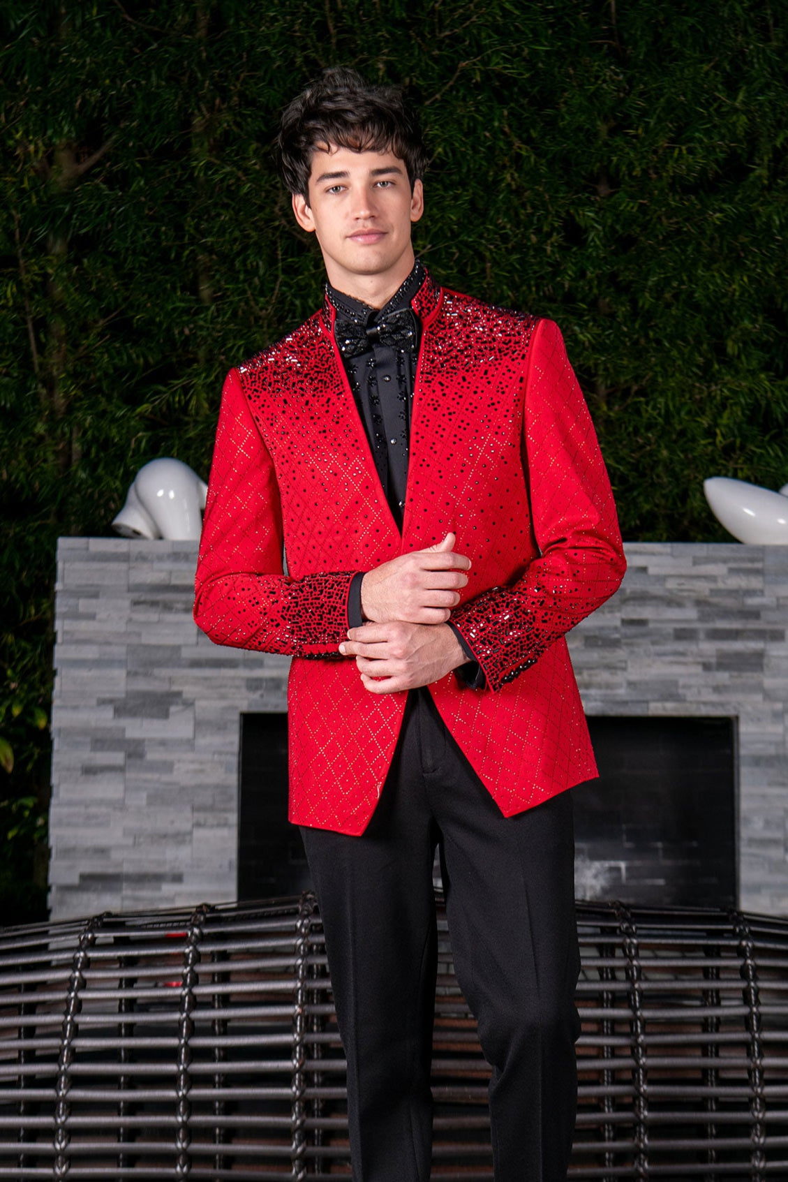 Barabas Men's Geometric Pattern Rhinestone Henley Lapel Blazer 4EBL53 Red Black