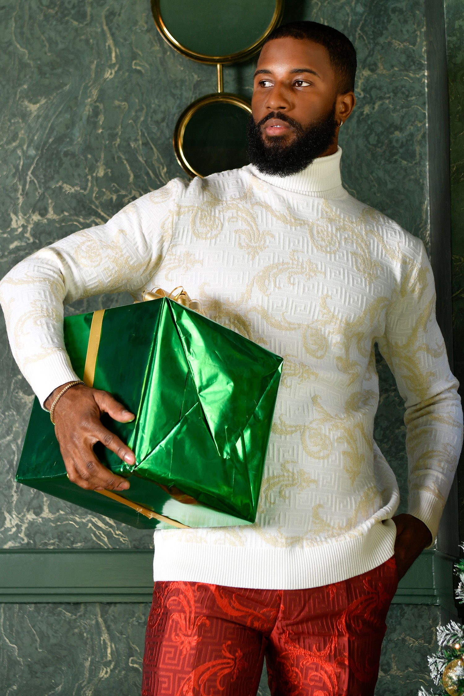 Barabas Men's Floral Design Long Sleeve Turtleneck Sweater 2LS2102 White Gold