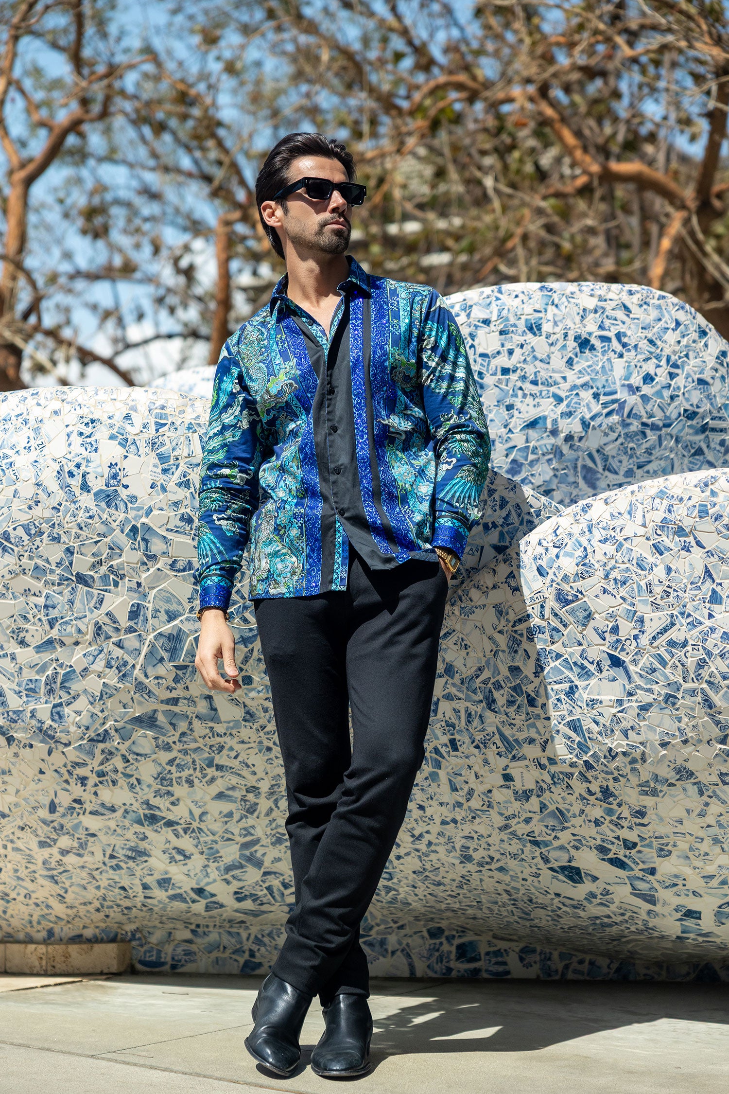 Barabas Men's Rhinestone Floral Rooster Long Sleeve Shirts 4SPR10 Blue