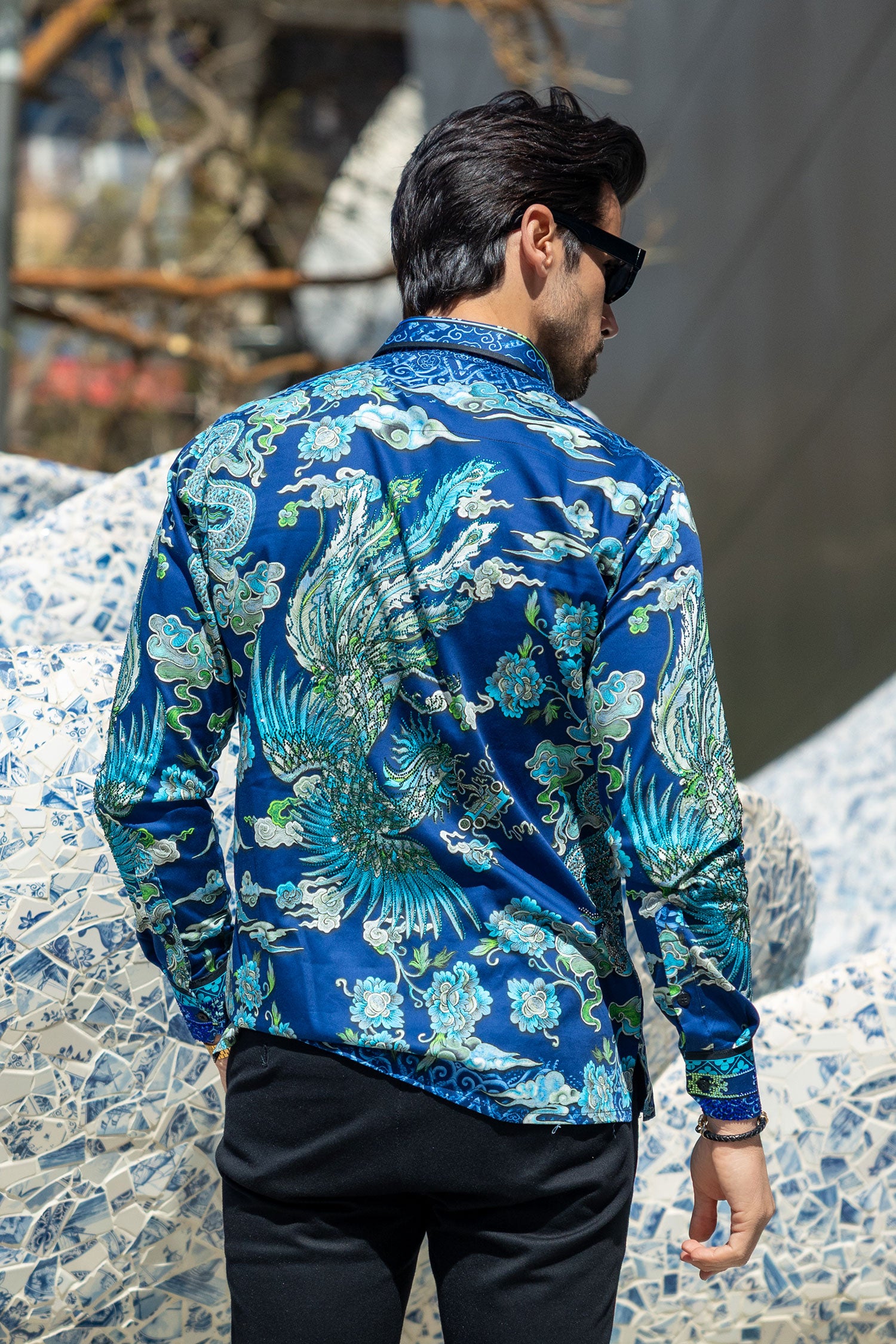 Barabas Men's Rhinestone Floral Rooster Long Sleeve Shirts 4SPR10 Blue