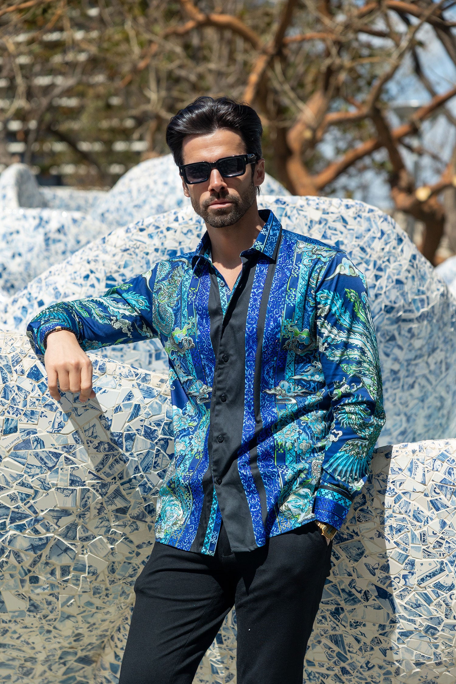 Barabas Men's Rhinestone Floral Rooster Long Sleeve Shirts 4SPR10 Blue