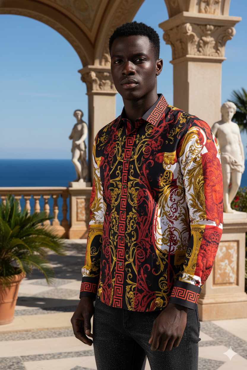 Barabas Men's Greek Pattern Medusa rhinestone long Sleeve Shirts B286ST Red