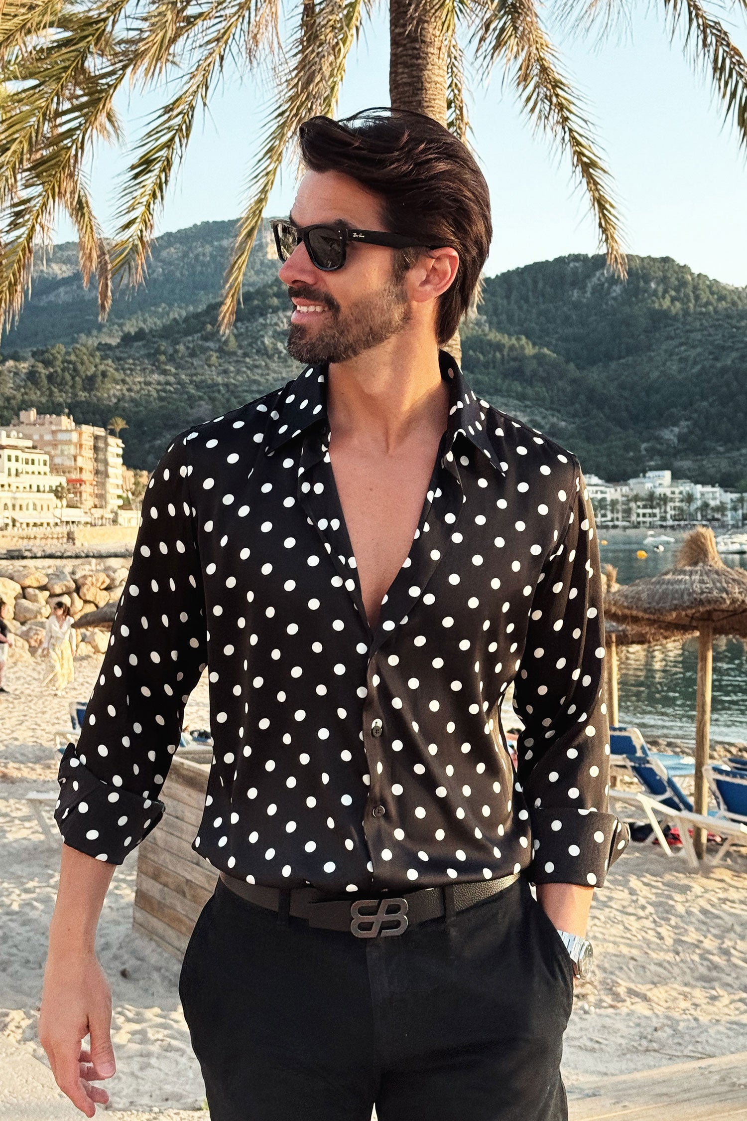 Barabas Men's Polka Dots Silk Feel Shiny Long Sleeve Shirt 4B86 Black