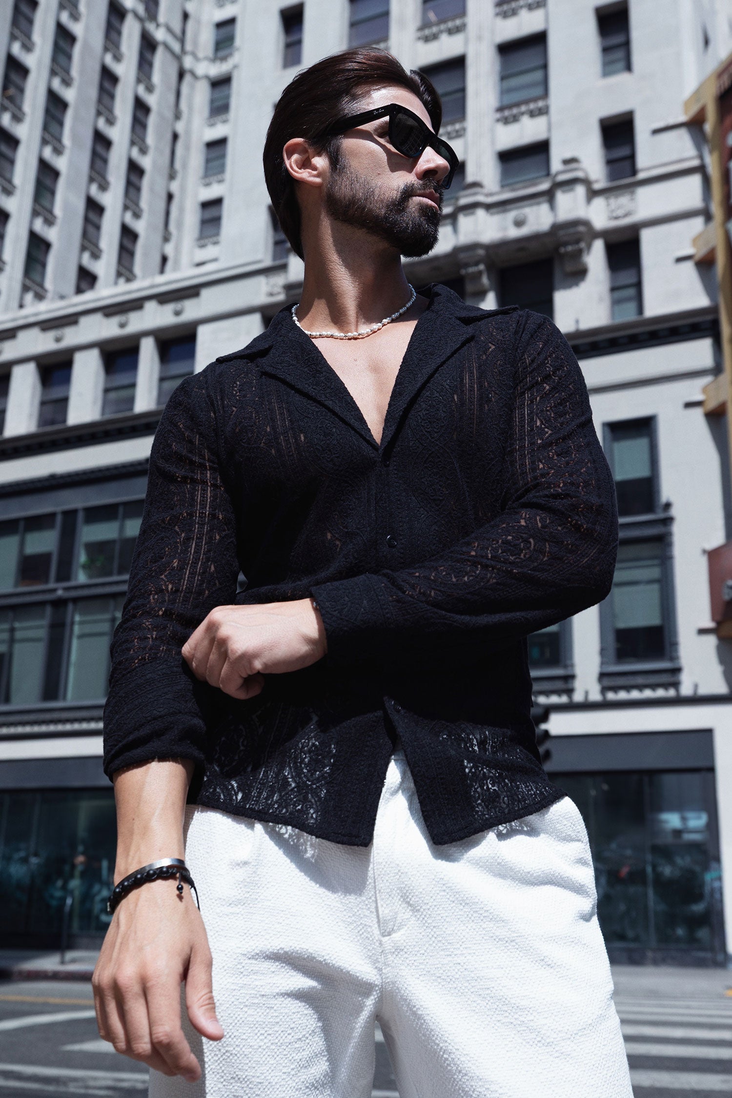 Barabas Men's Embroidered See Through Floral Long Sleeve Shirts 4B85 Black