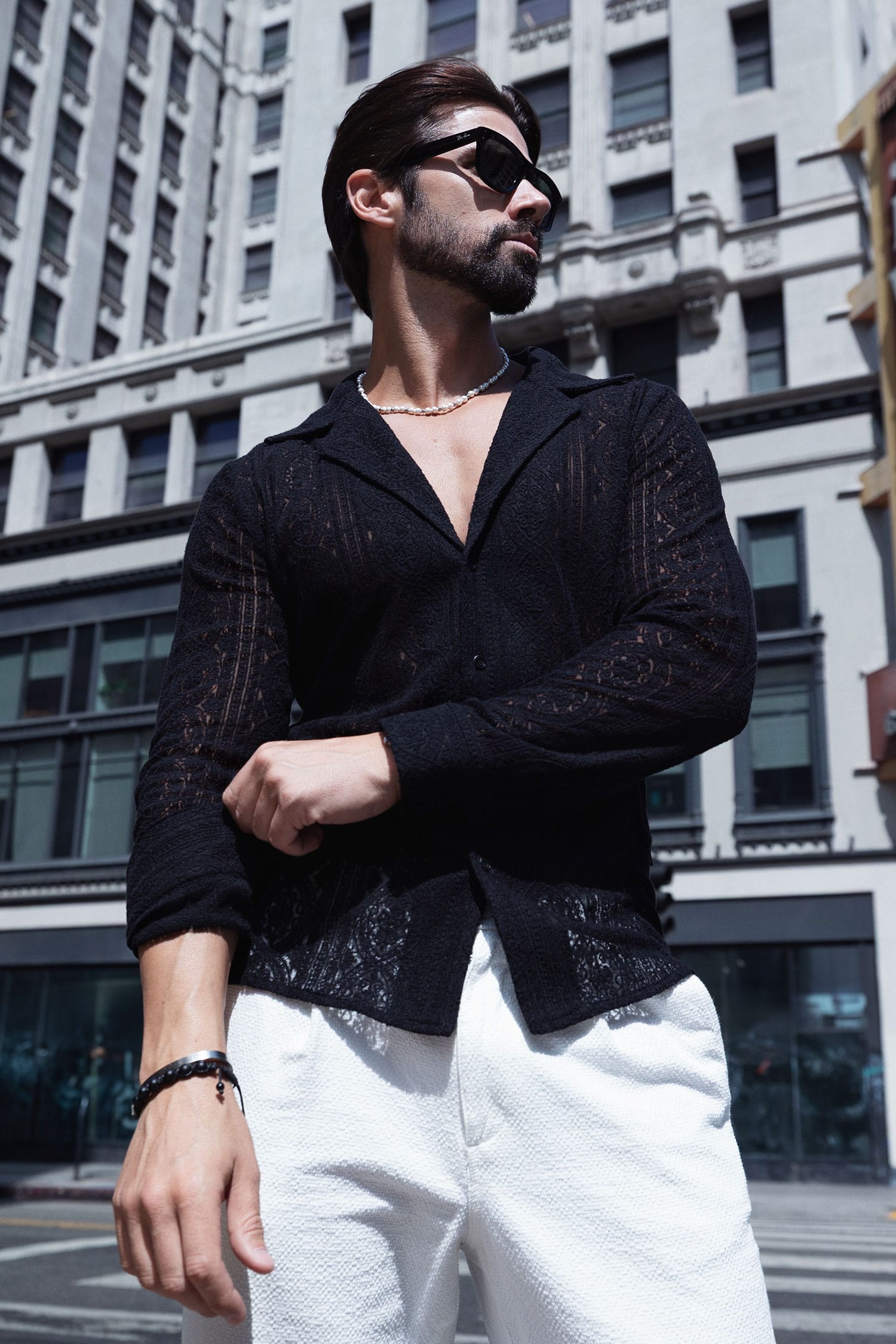 Barabas Men's Embroidered See Through Floral Long Sleeve Shirts 4B85 Black
