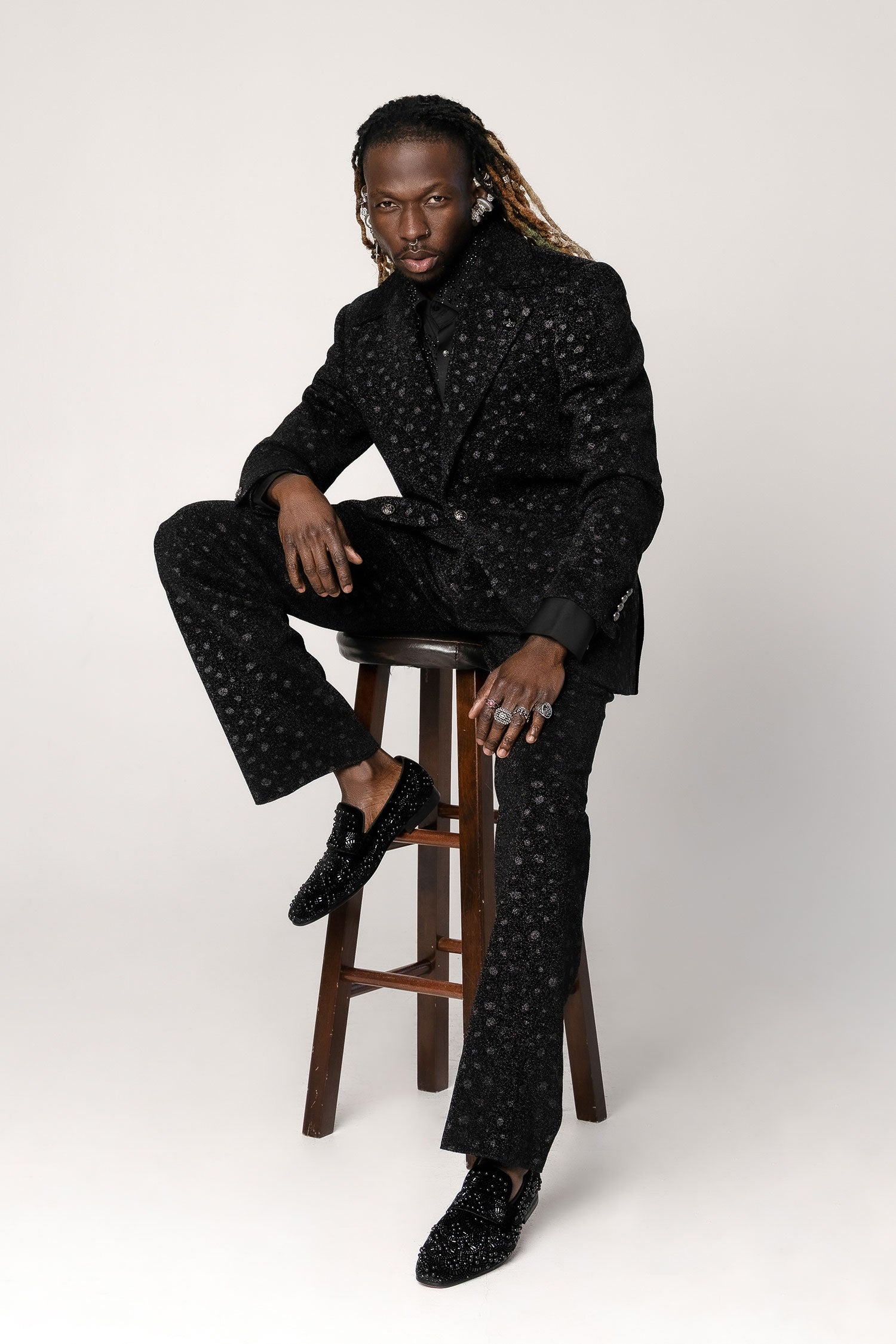 Barabas Men's Geometric Polka Dots Pattern Notch Lapel Suit 5SU34 Black