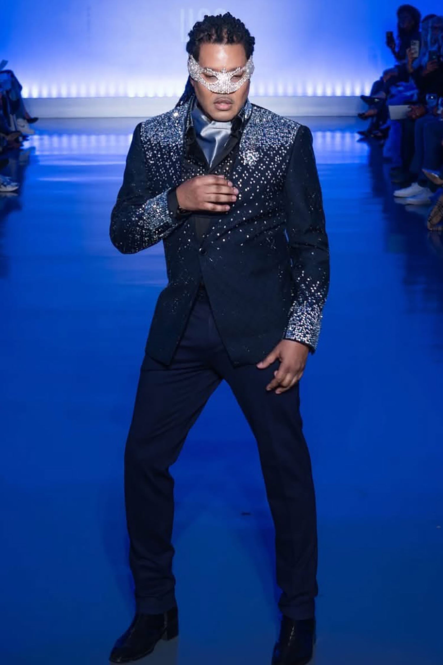 Barabas Men's Geometric Pattern Rhinestone Henley Lapel Blazer 4EBL53 Navy Silver