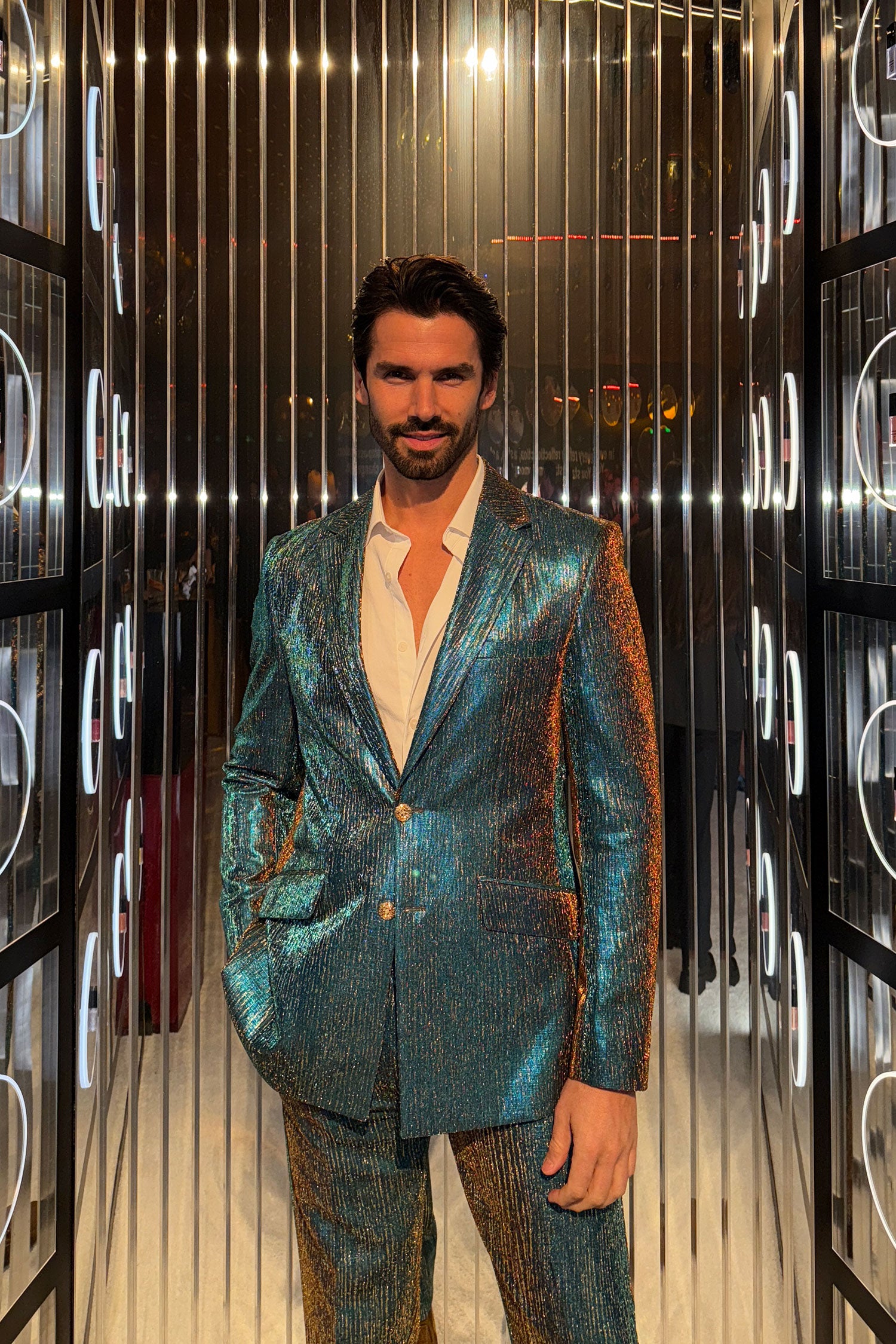 Barabas Men's Shiny Geometric Slim Fit Pattern Notch Lapel Suit 5SU42 Multi