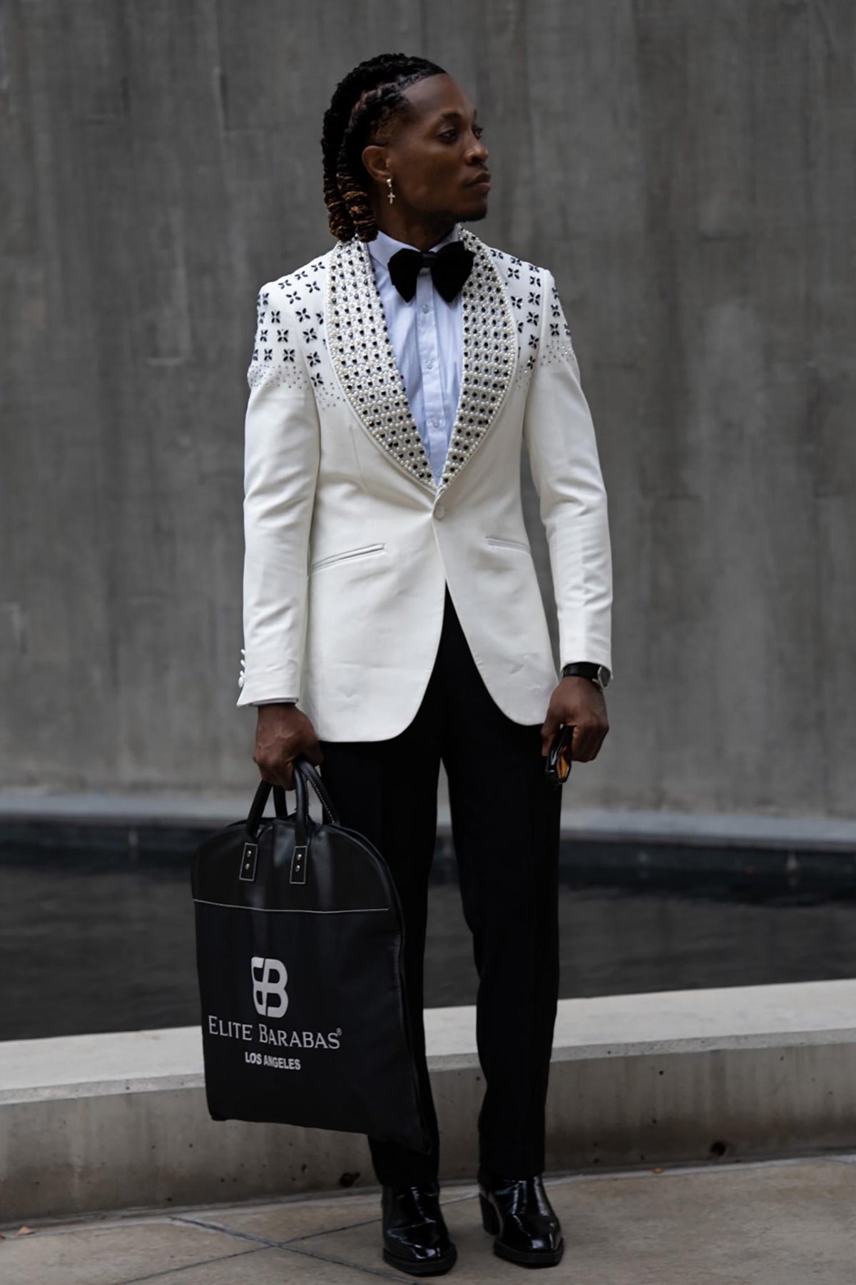 Barabas Men's Floral Pattern Rhinestone Shawl Lapel Blazer 4EBL46 #Color_White Black Silver