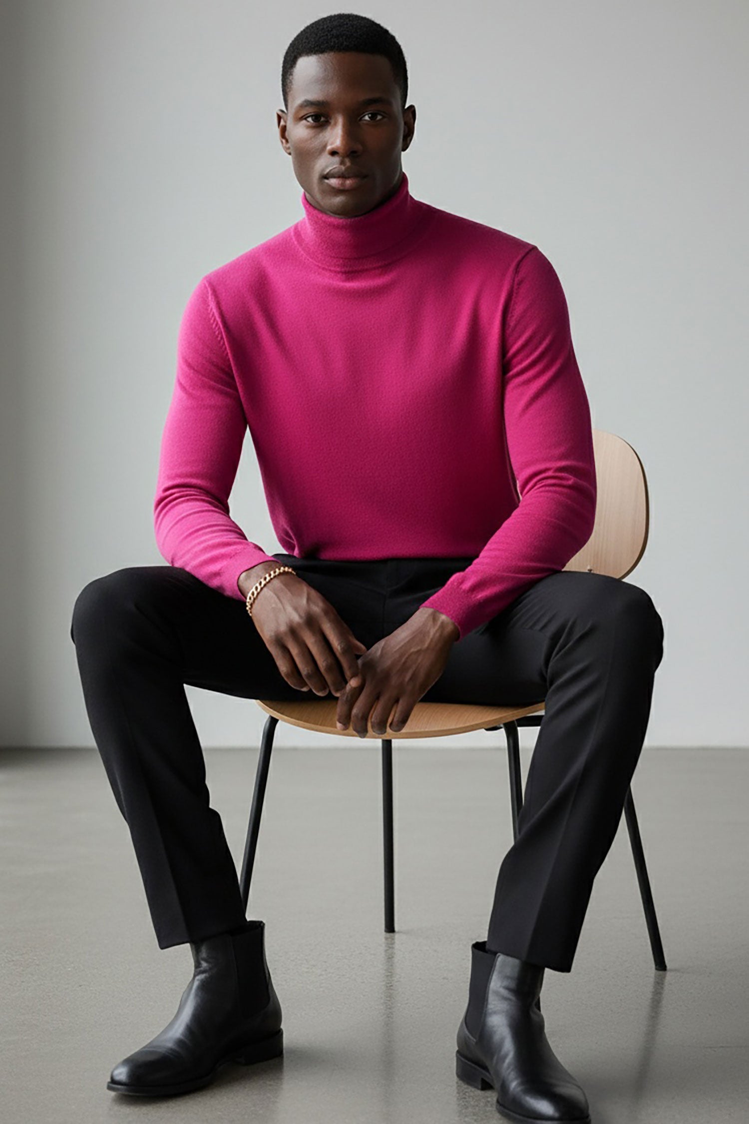 Men's Turtleneck Ribbed Solid Color Basic Sweater LS2100 Fuchsia