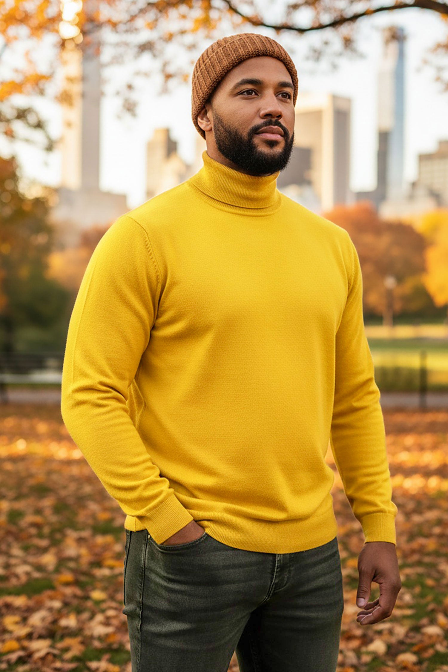 Men's Turtleneck Ribbed Solid Color Basic Sweater LS2100 Stone Mustard