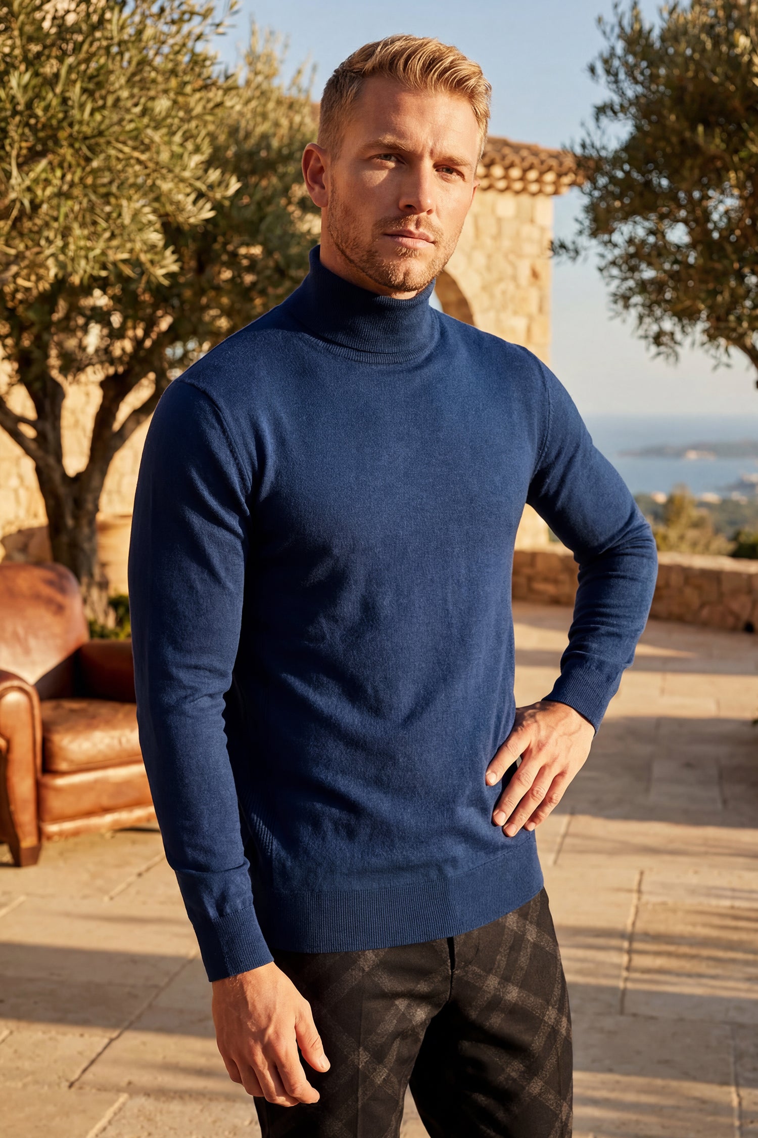 Men's Turtleneck Ribbed Solid Color Basic Sweater LS2100 Navy