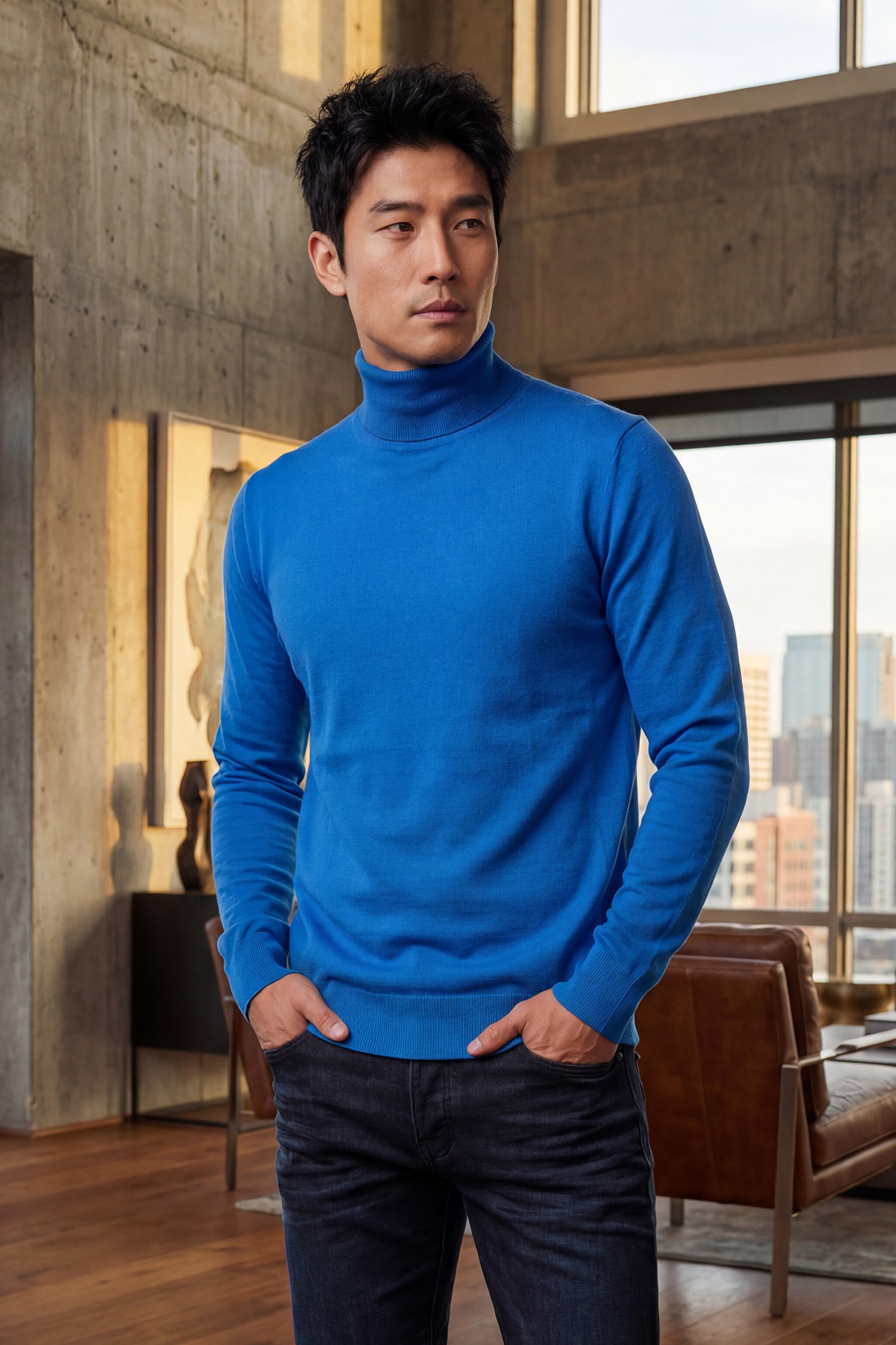 Men's Turtleneck Ribbed Solid Color Basic Sweater LS2100 Royal Blue
