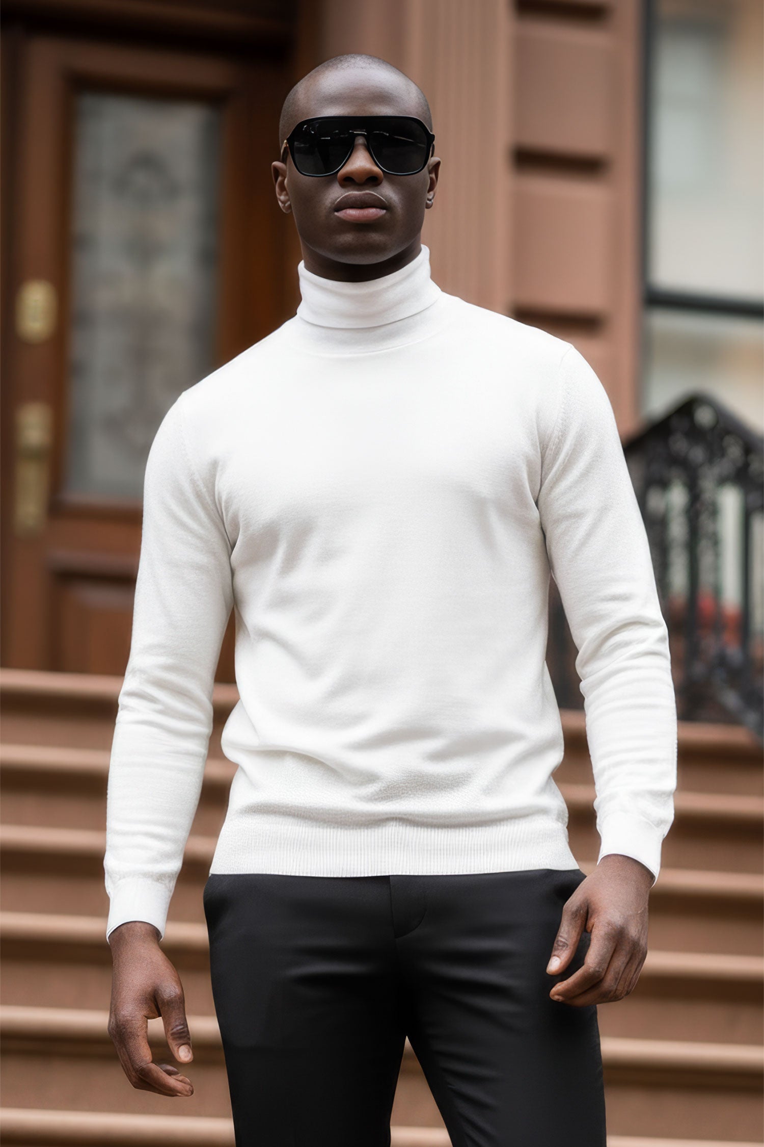 Men's Turtleneck Ribbed Solid Color Basic Sweater LS2100 Stone White