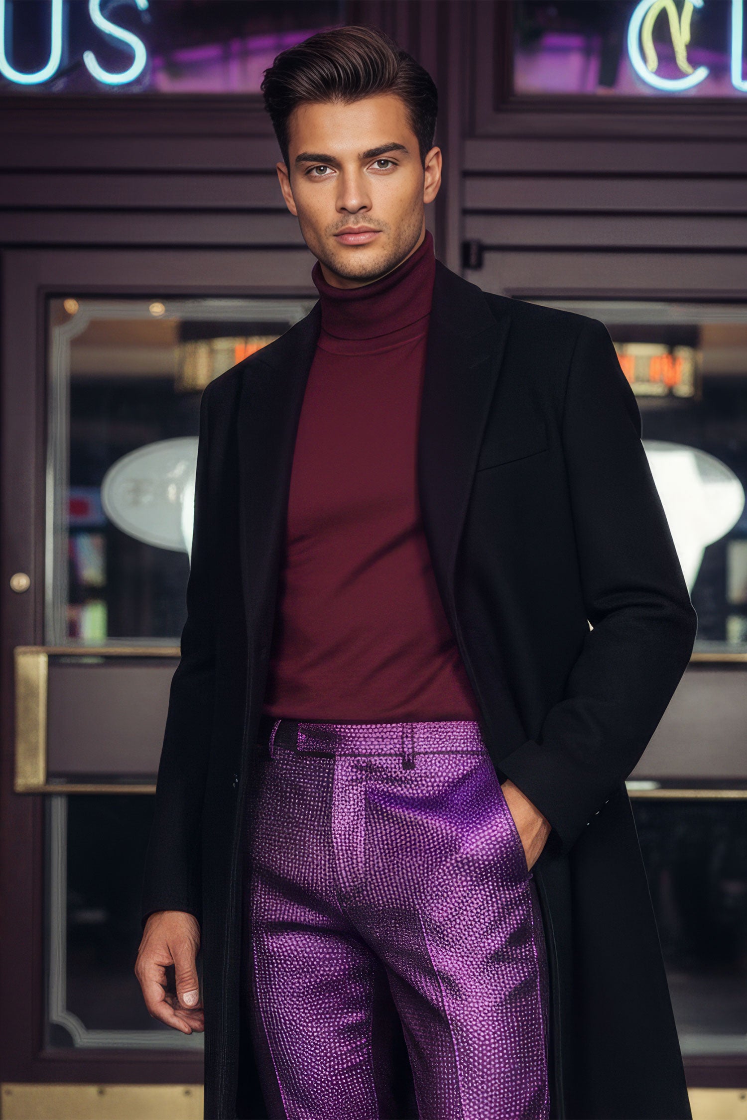 Men's Turtleneck Ribbed Solid Color Basic Sweater LS2100 Stone Wine