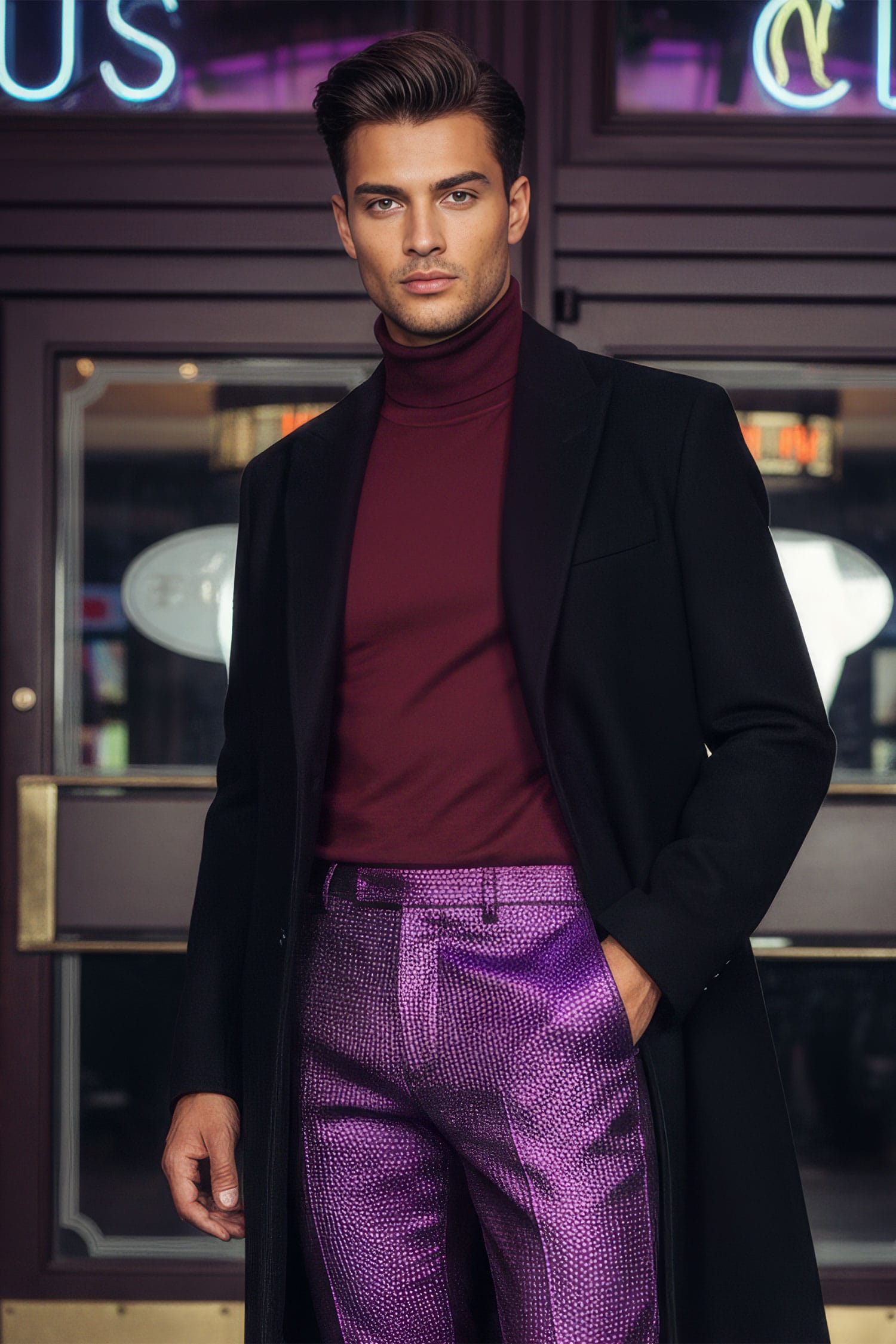 Men's Turtleneck Ribbed Solid Color Basic Sweater LS2100 Stone Wine