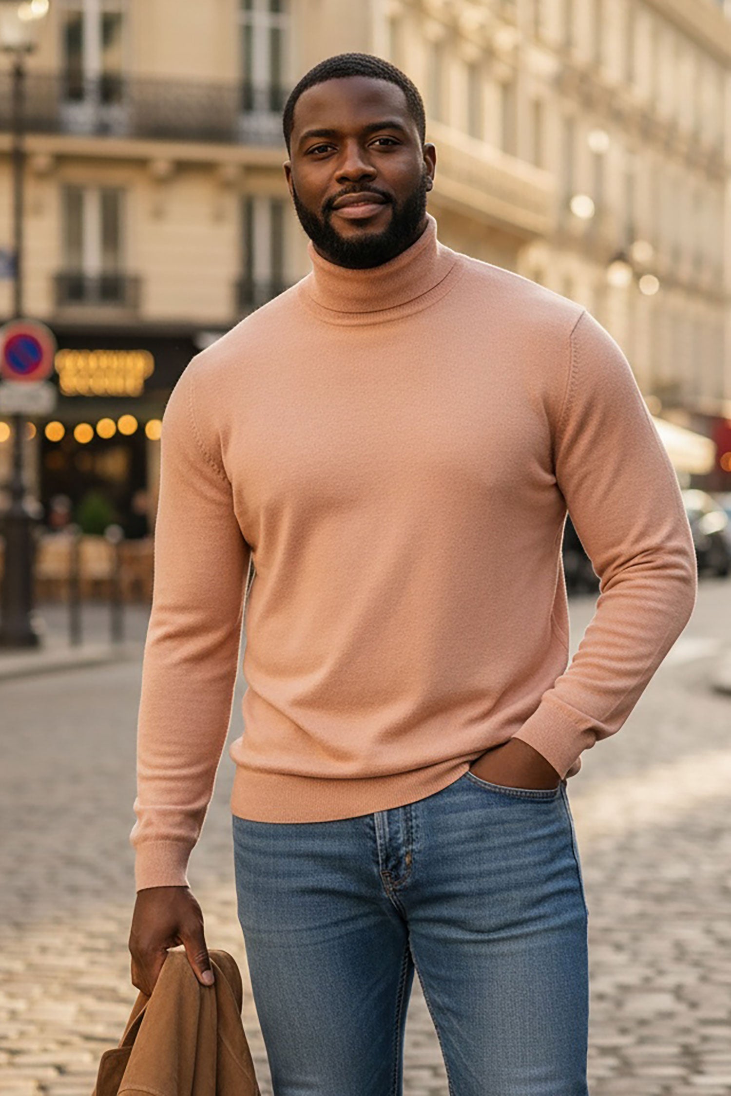 Men's Turtleneck Ribbed Solid Color Basic Sweater LS2100 Peach Stone