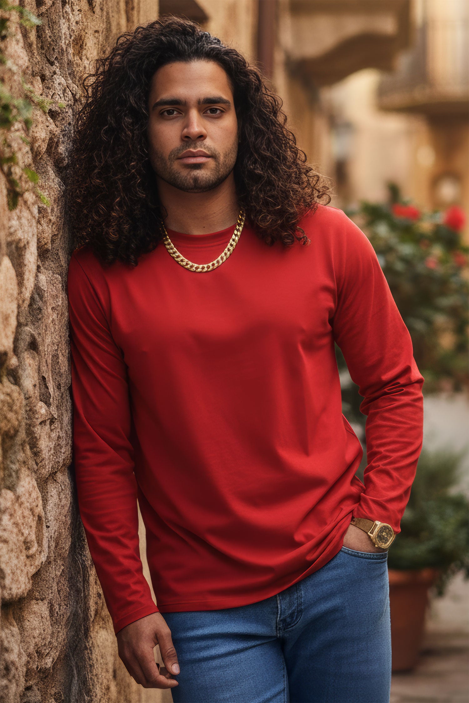 Barabas Men's Solid Color Crew Neck Sweatshirts LV127 Red