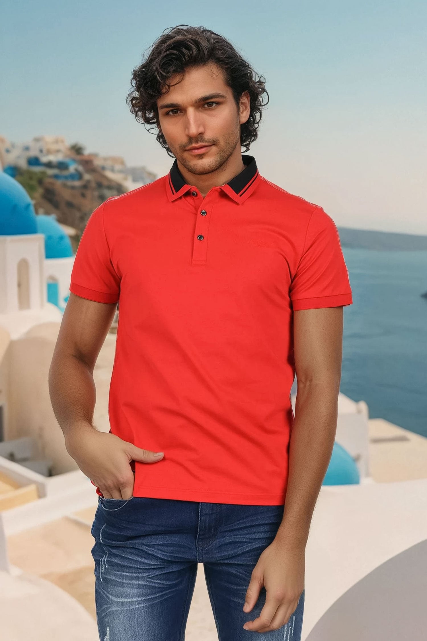 Barabas Men's Solid Color Luxury Short Sleeves Polo Shirts PP824 Red