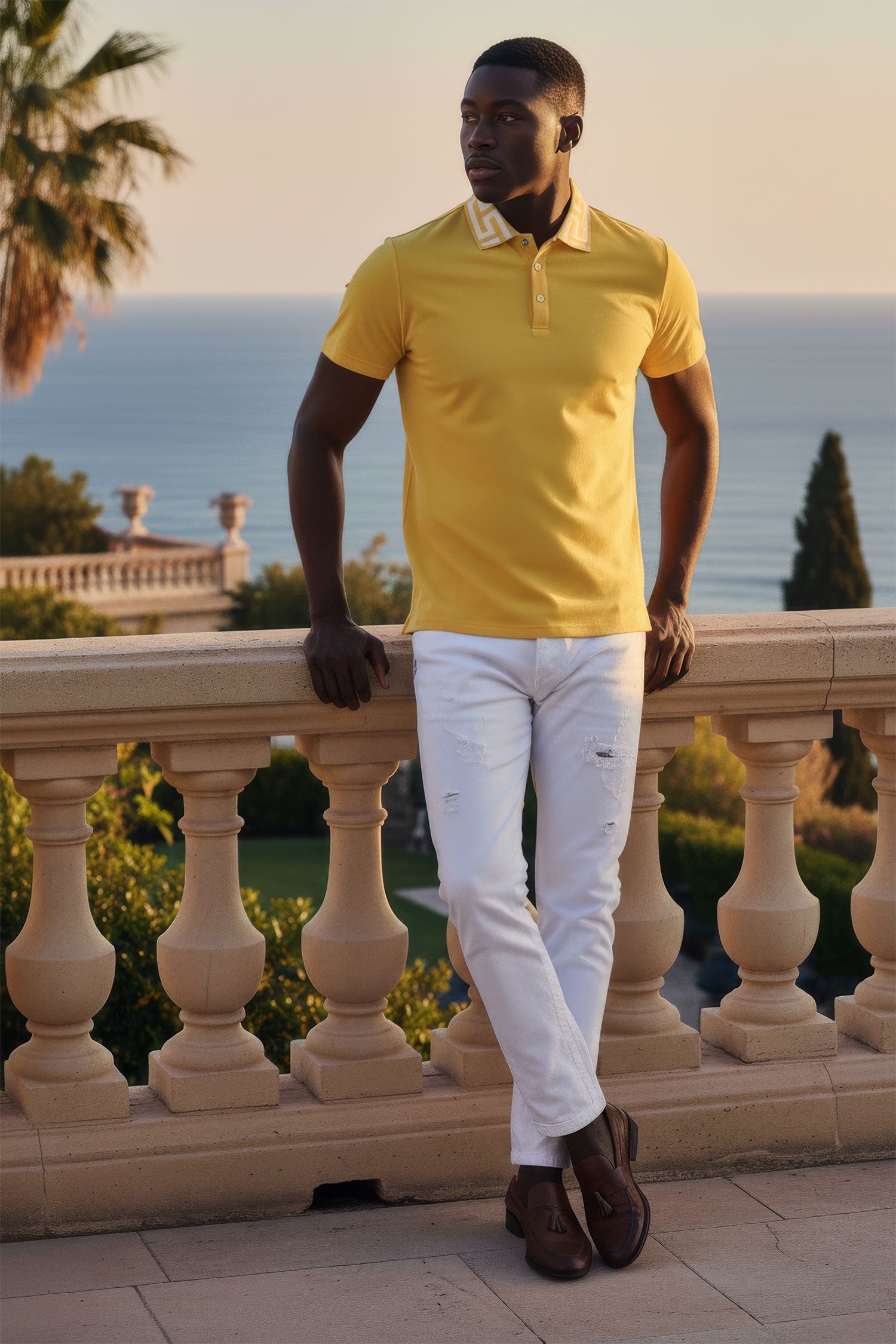 Barabas Men's Greek Key Printed Pattern Short Sleeve Shirts PS121 Yellow