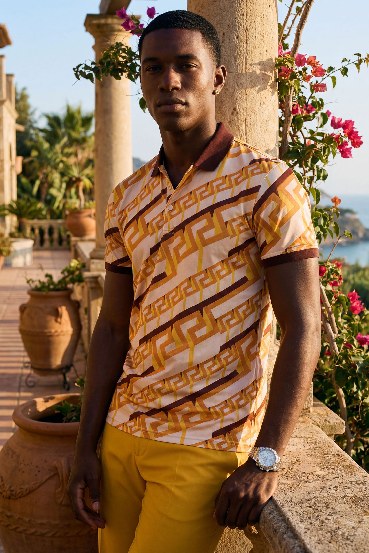 Barabas Men's Luxury Greek Key Pattern Baroque Polo Shirts PSP2030 Gold
