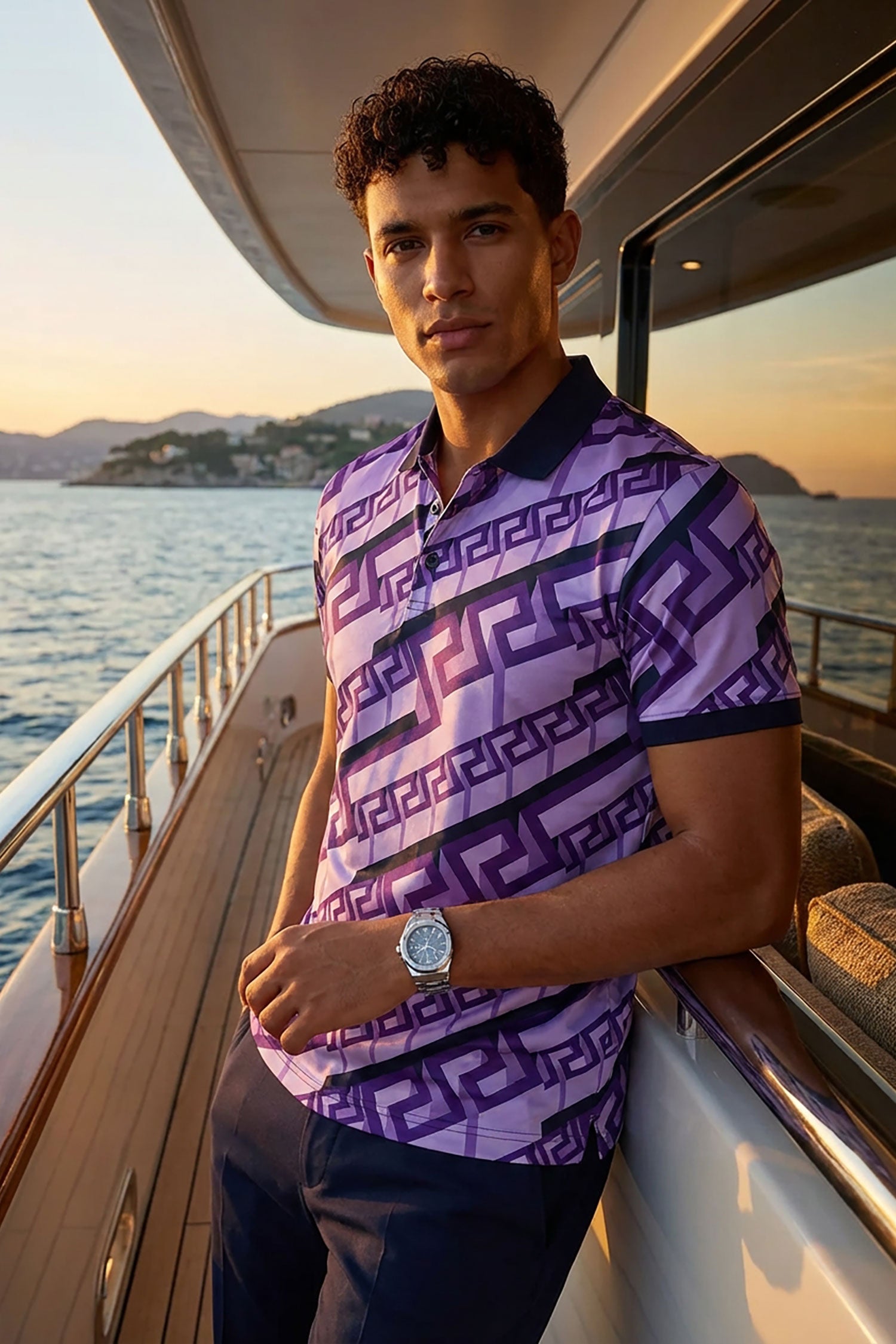 Barabas Men's Luxury Greek Key Pattern Baroque Polo Shirts PSP2030 Purple