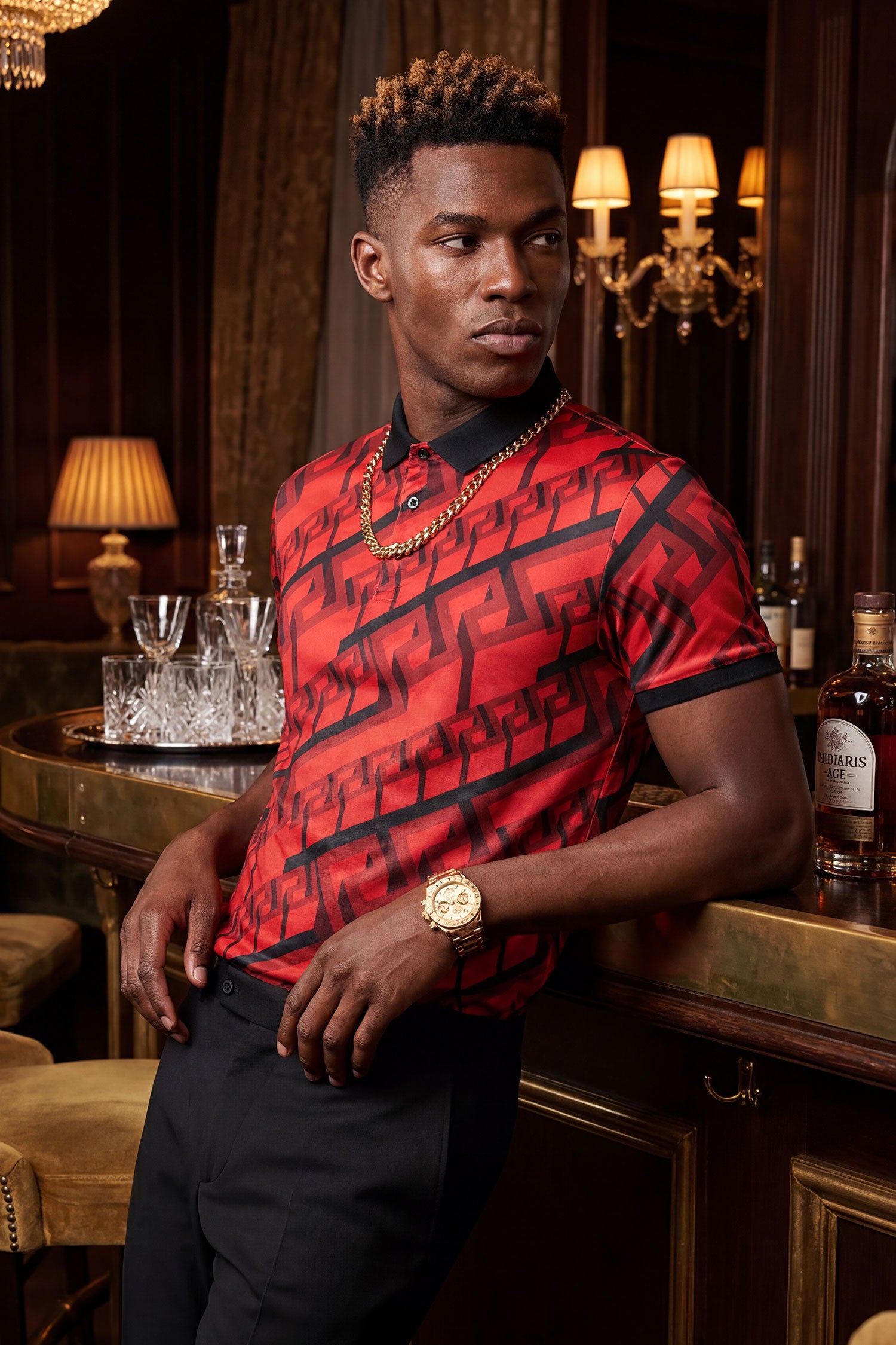 Barabas Men's Luxury Greek Key Pattern Baroque Polo Shirts PSP2030 Red Black