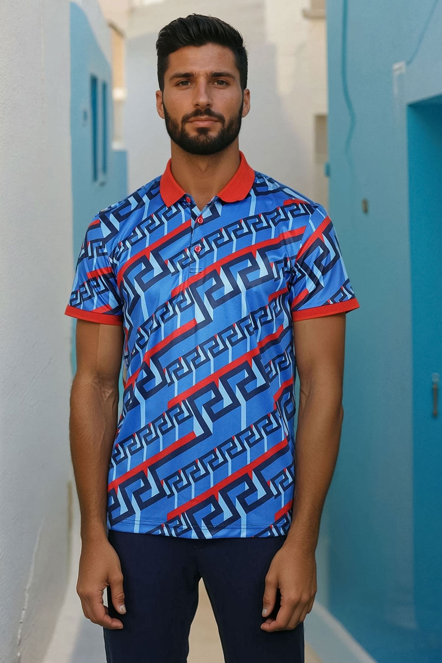 Barabas Men's Luxury Greek Key Pattern Baroque Polo Shirts PSP2030 Blue