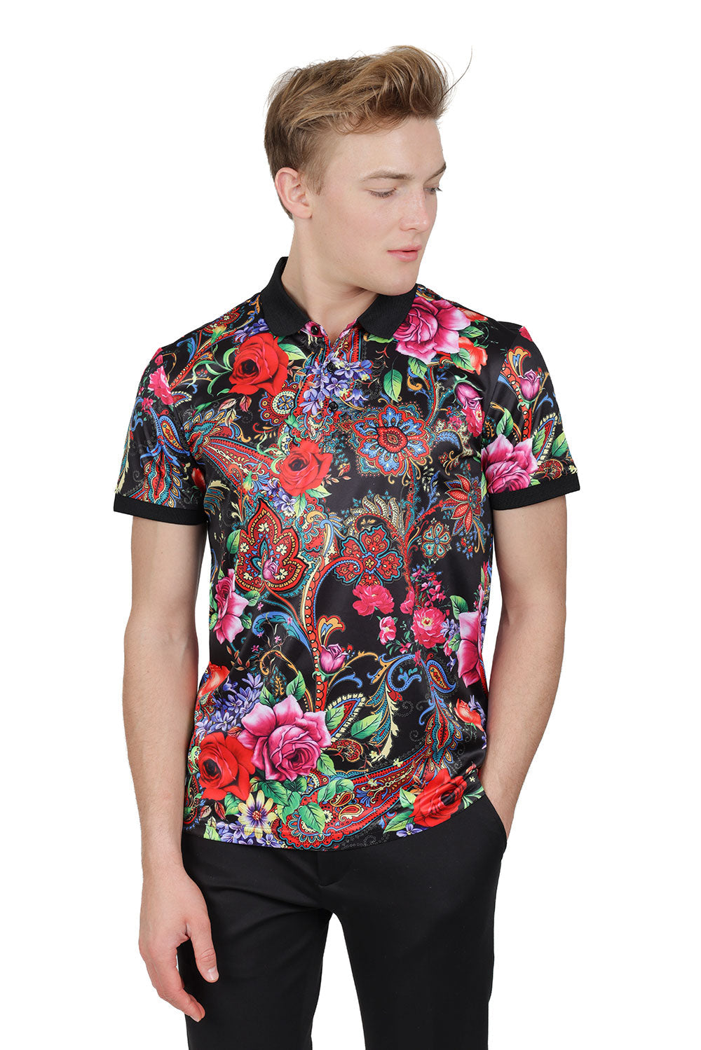 Barabas Men's Paisley Floral Print Design Luxury Polo Shirts PSP2039 Black