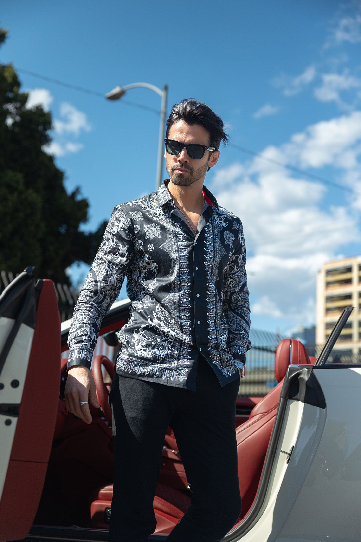 BARABAS Men's Rhinestone Floral Print Baroque Long Sleeve Shirts 3SPR413 Black