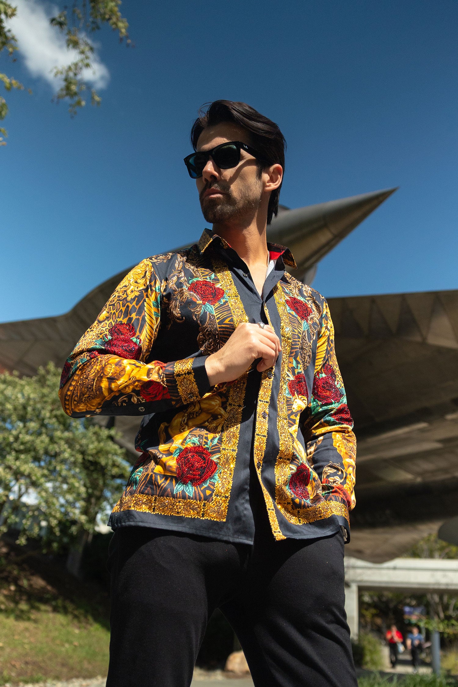 BARABAS Men's Rhinestone Floral Unicorn Long Sleeve Shirts 3SPR418 Black Gold