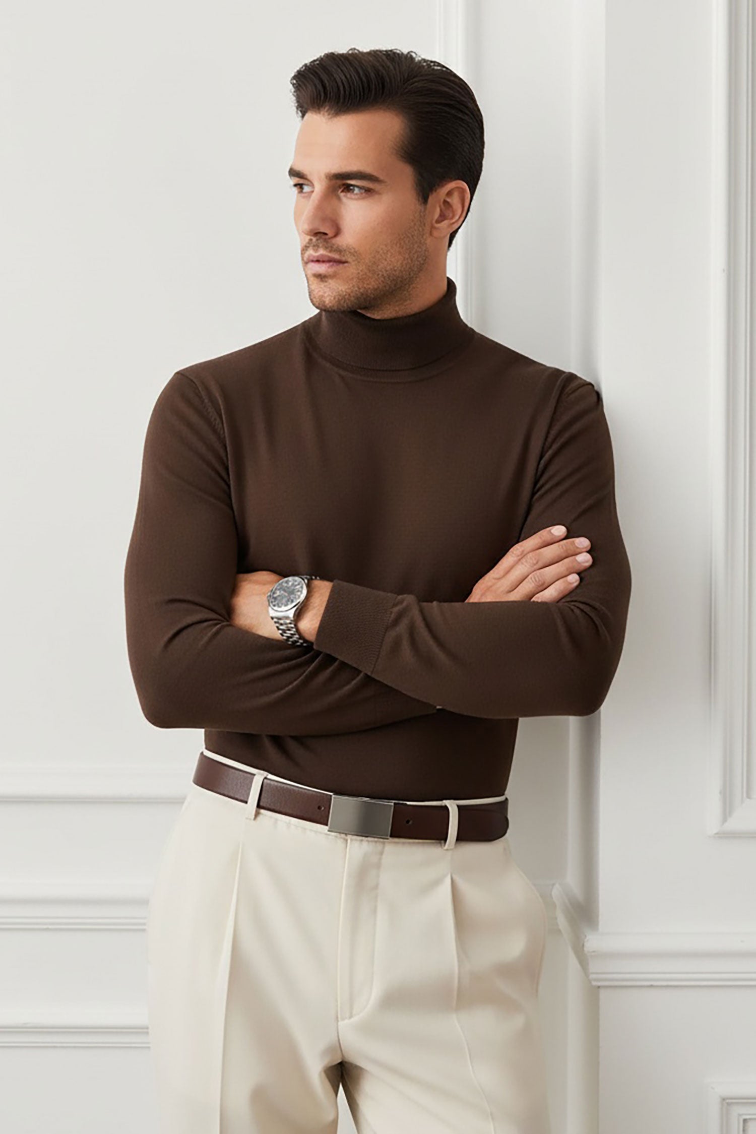 Men's Turtleneck Ribbed Solid Color Basic Sweater LS2100 Chocolate