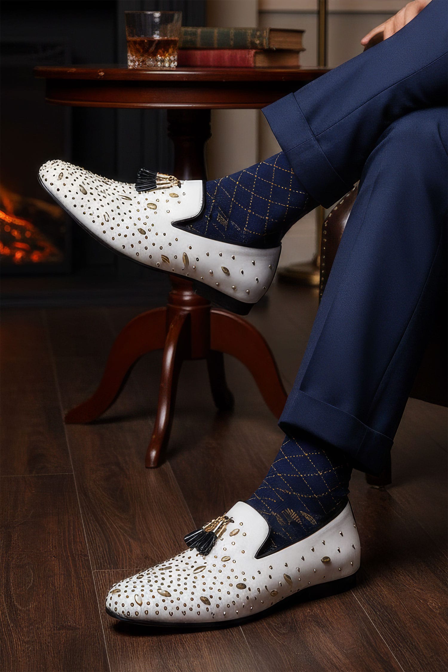BARABAS Men's Rhinestone Dimond Tassel Loafer Dress Shoes SH3080 White Gold